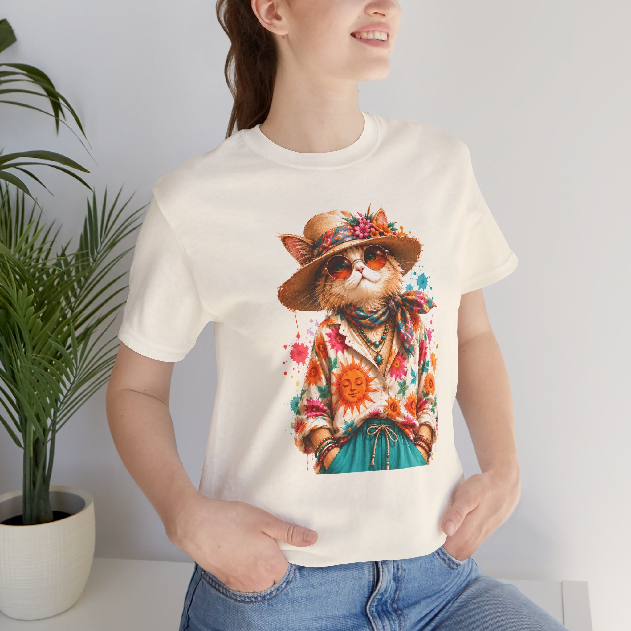 Boho Cat Graphic Tee — Floral Hat & Sunshine Cat T-Shirt
