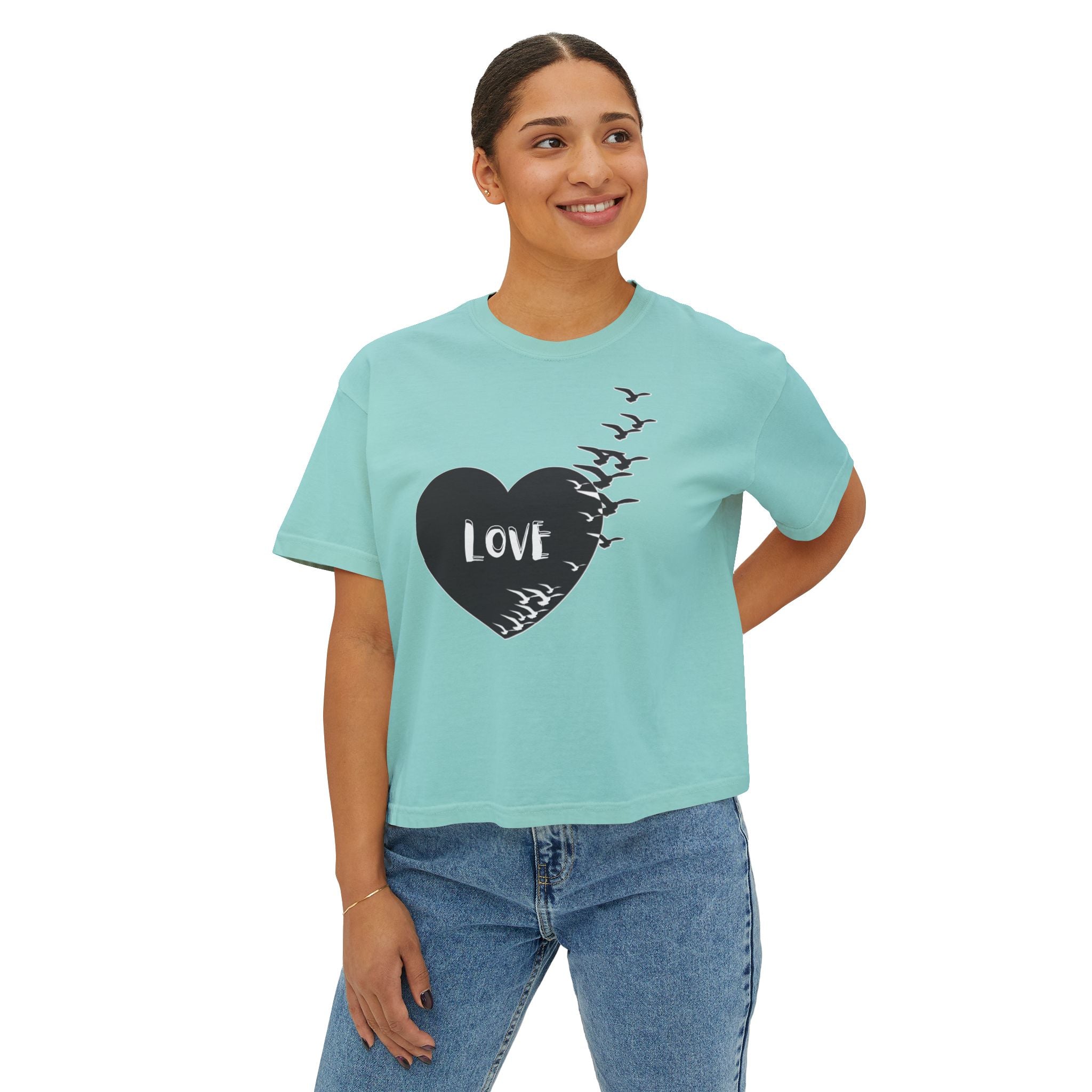 Love Bird Heart Boxy Tee — Women's Casual Graphic Shirt