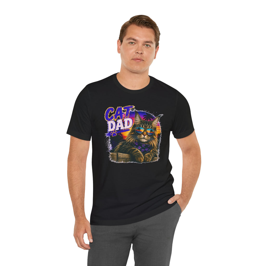 Cat Dad Maine Coon T-Shirt | Retro Sunset Cat Lover Shirt | Funny Cat Dad Gift | Vintage Graphic Tee for Men