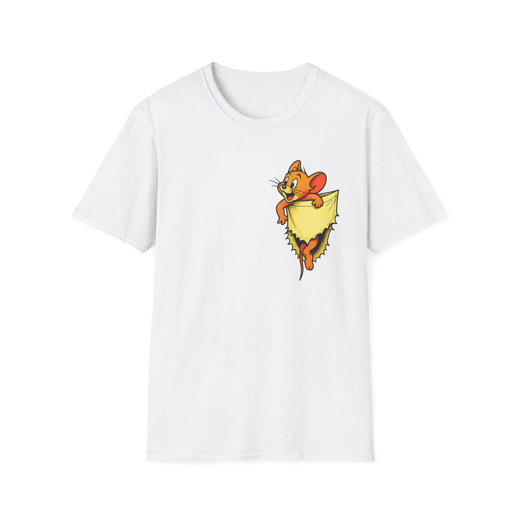 Jerry Pocket Tee — Cute Cartoon Mouse Peeking From Cheese T-Shirt