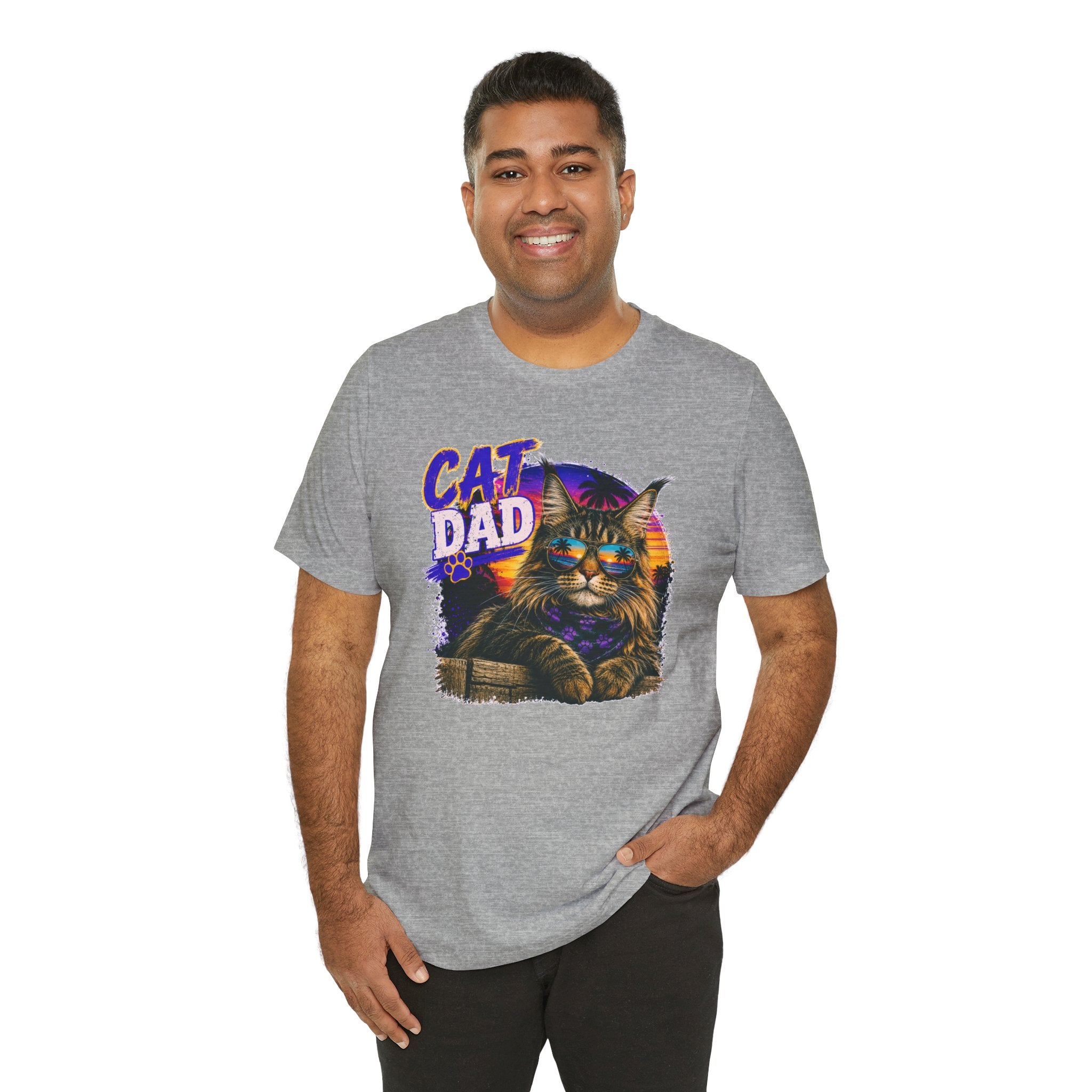 Cat Dad Maine Coon T-Shirt | Retro Sunset Cat Lover Shirt | Funny Cat Dad Gift | Vintage Graphic Tee for Men