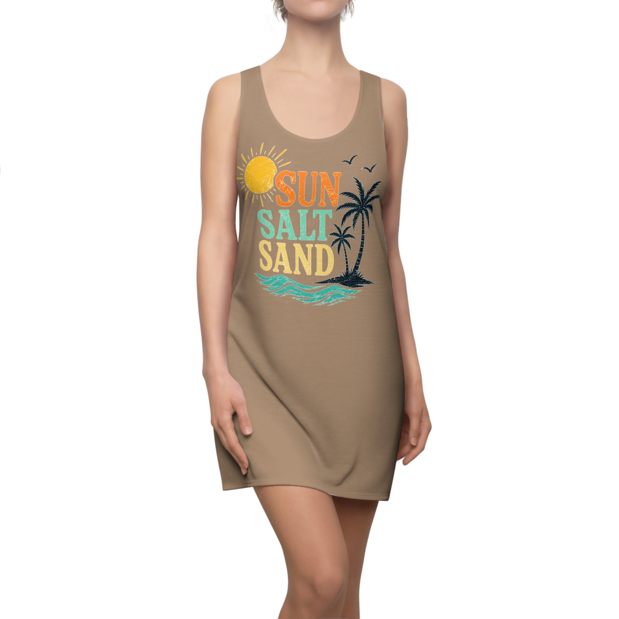 Racerback Dress — "Sun Salt Sand" Beach Tank Dress, Tropical Palm & Sunset Graphic