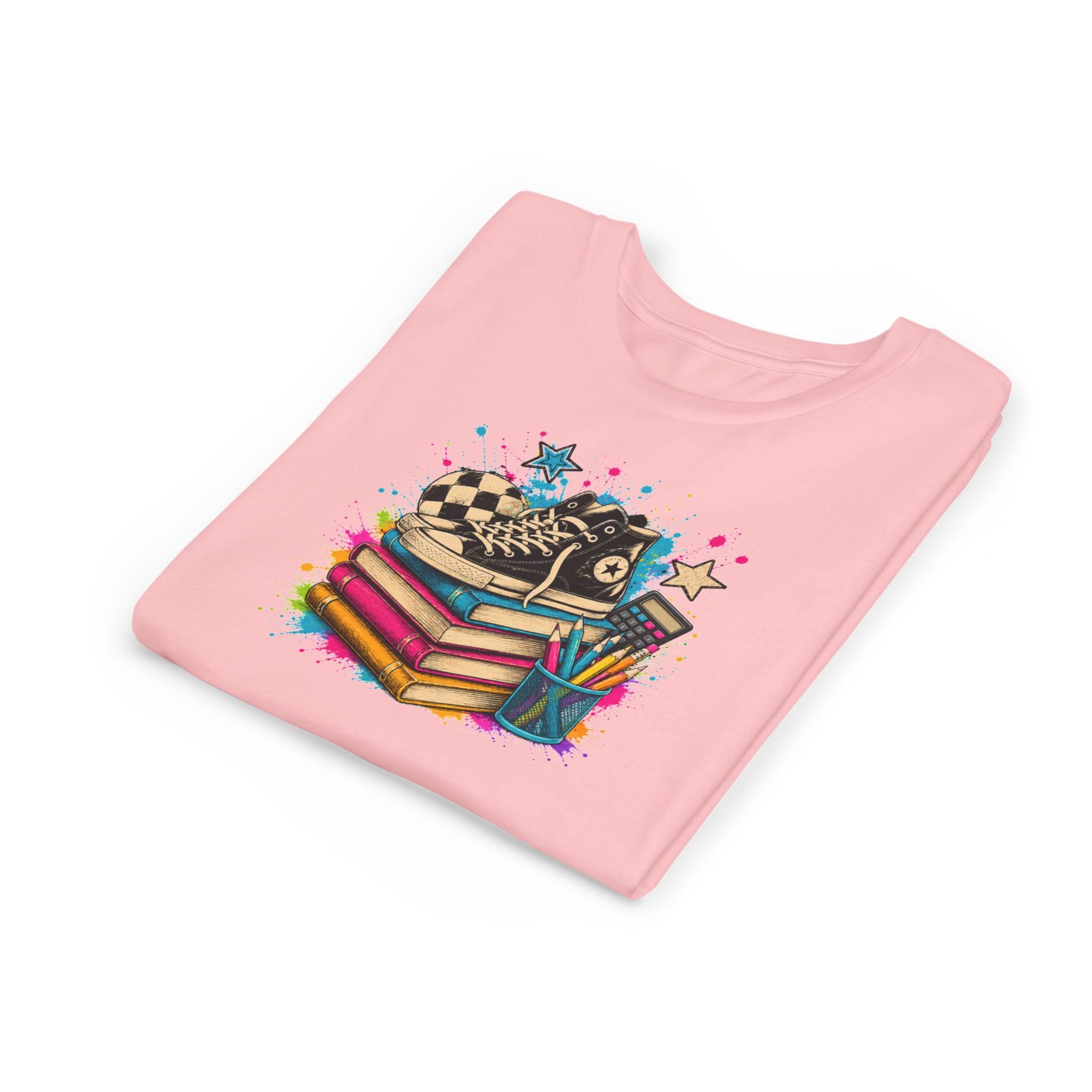 Kids Back-to-School Tee — Colorful Books, Sneakers & Pencils Graphic