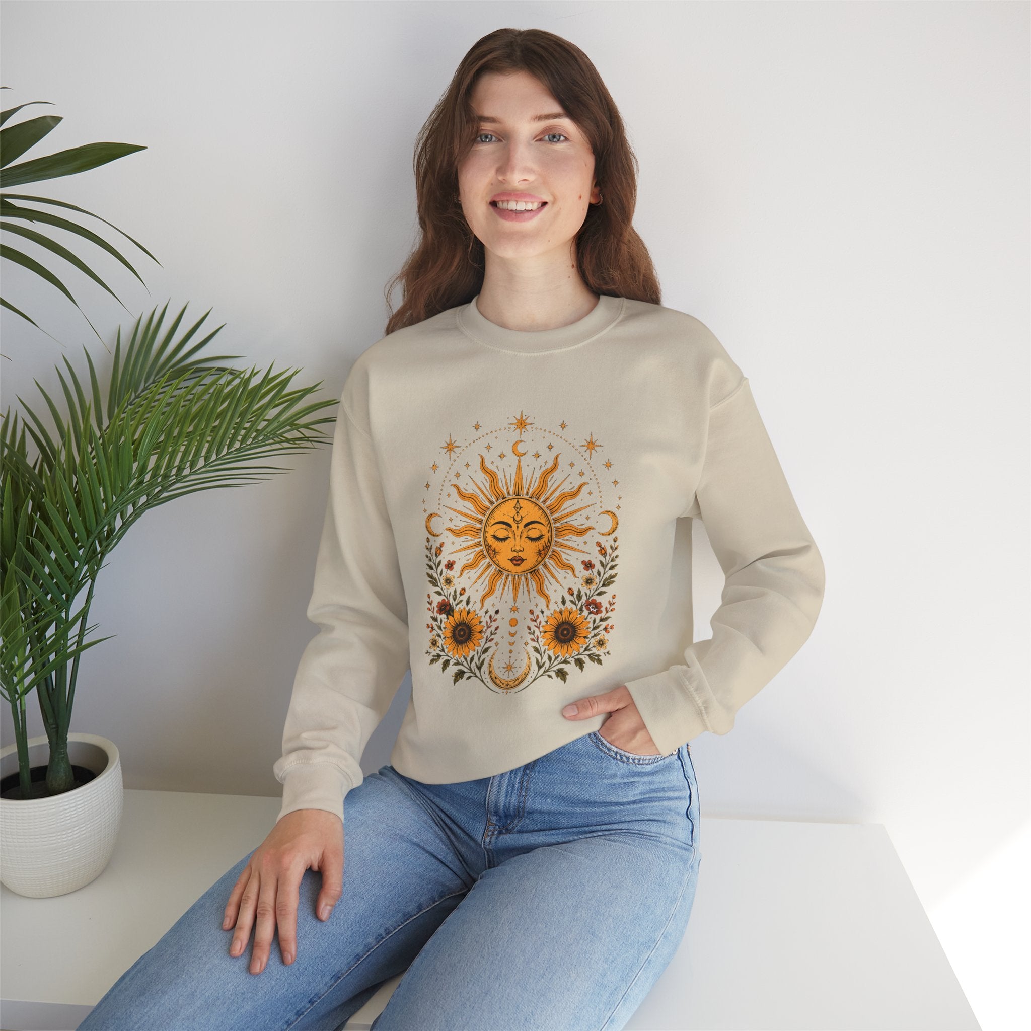 Sun & Sunflower Crewneck Sweatshirt, Boho Celestial Sweatshirt, Vintage Sun Graphic, Cozy Unisex Pullover, Gift for Her