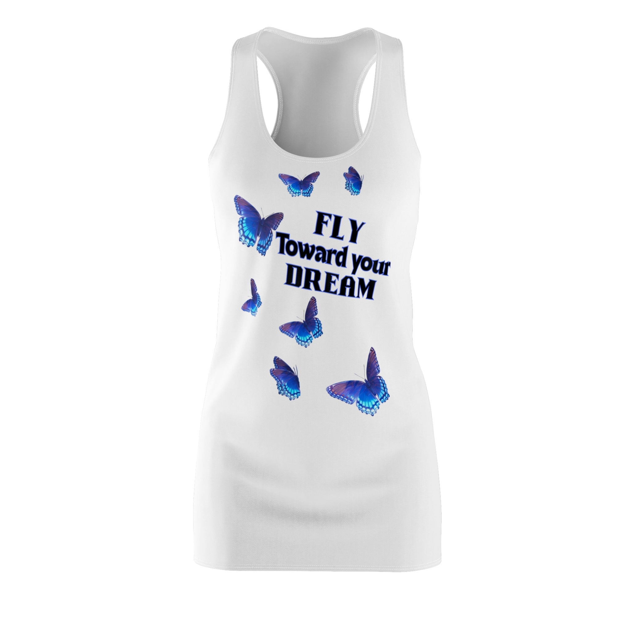 Racerback Dress — "Fly Toward Your Dream" Blue Butterfly Inspirational Summer Dress