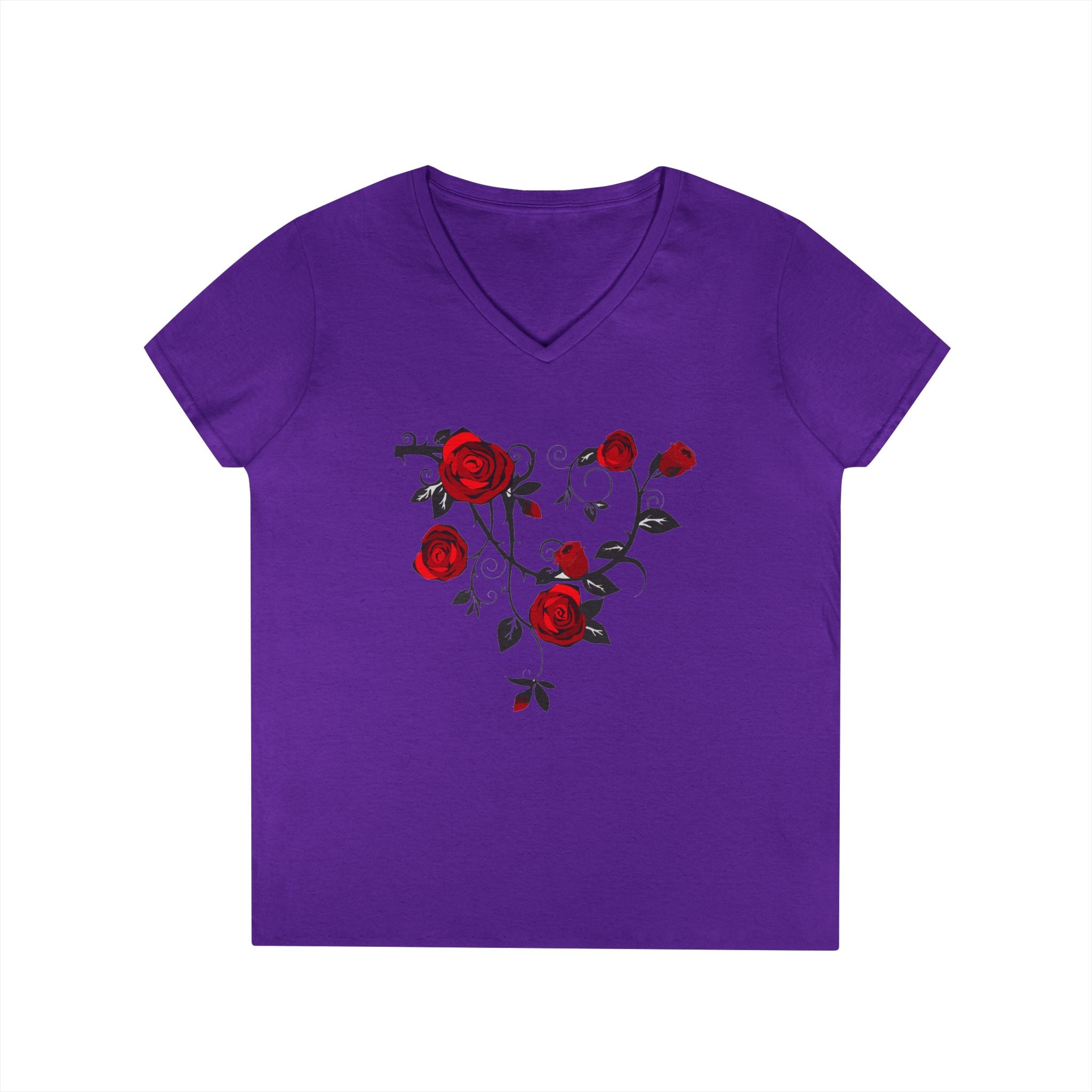 Rose Heart V-Neck Tee — Floral Red Roses Women's T-Shirt