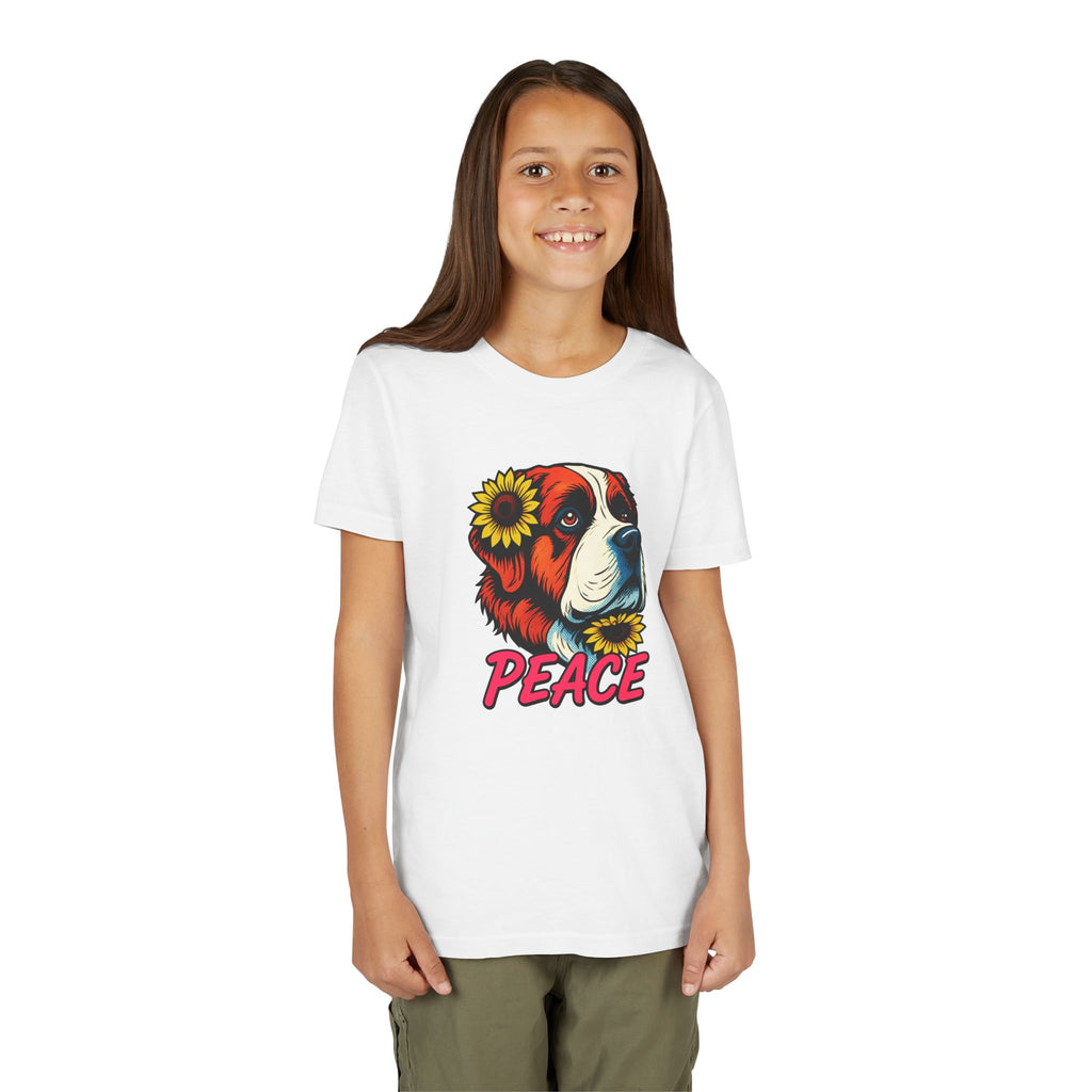 Youth Tee — Saint Bernard Dog with Sunflowers "Peace" Graphic