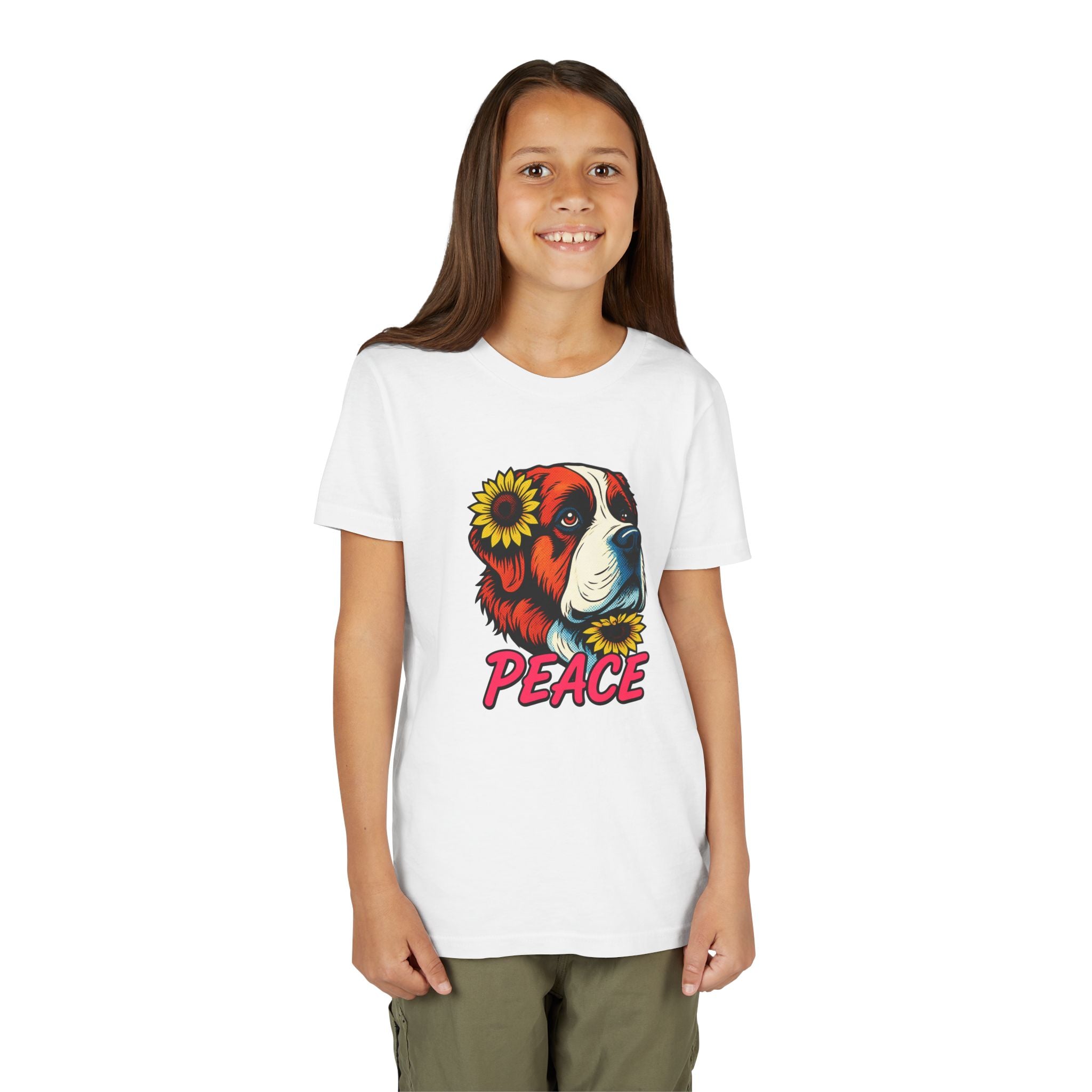 Youth Tee — Saint Bernard Dog with Sunflowers "Peace" Graphic