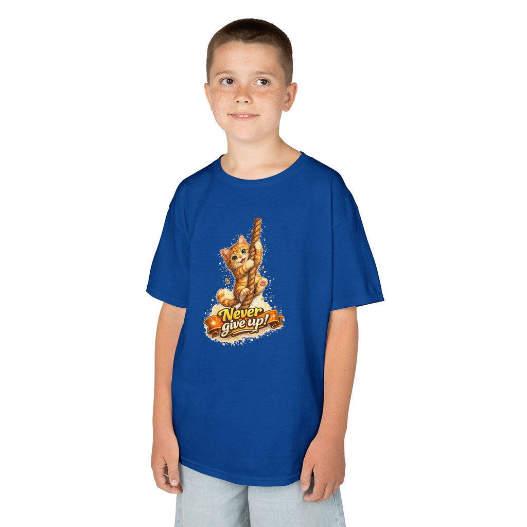 Kids Tee — Cute Climbing Kitten “Never Give Up” Inspirational Shirt
