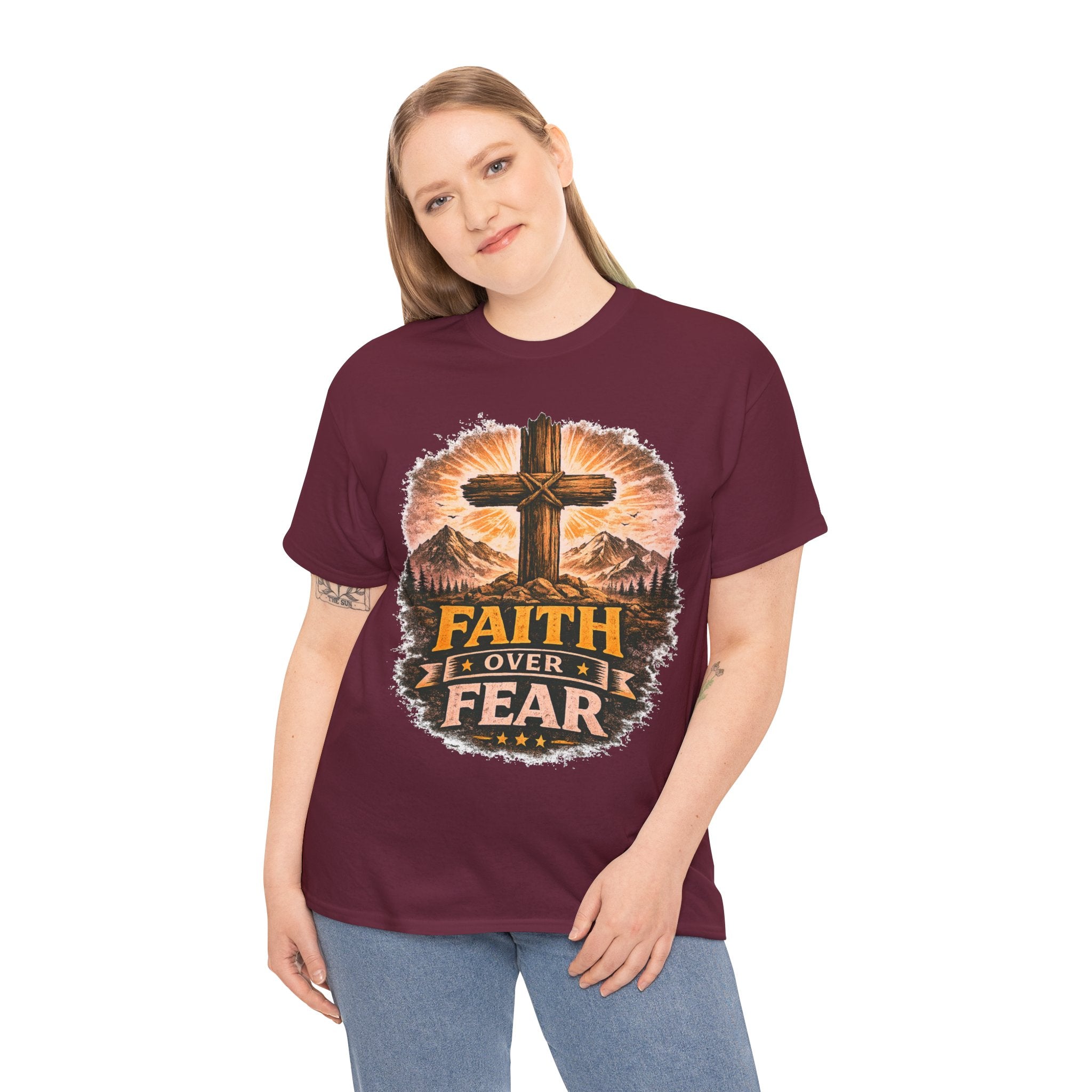 Faith Over Fear T-Shirt | Christian Cross Shirt | Religious Graphic Tee | Bible Verse Gift | Men's Faith Shirt