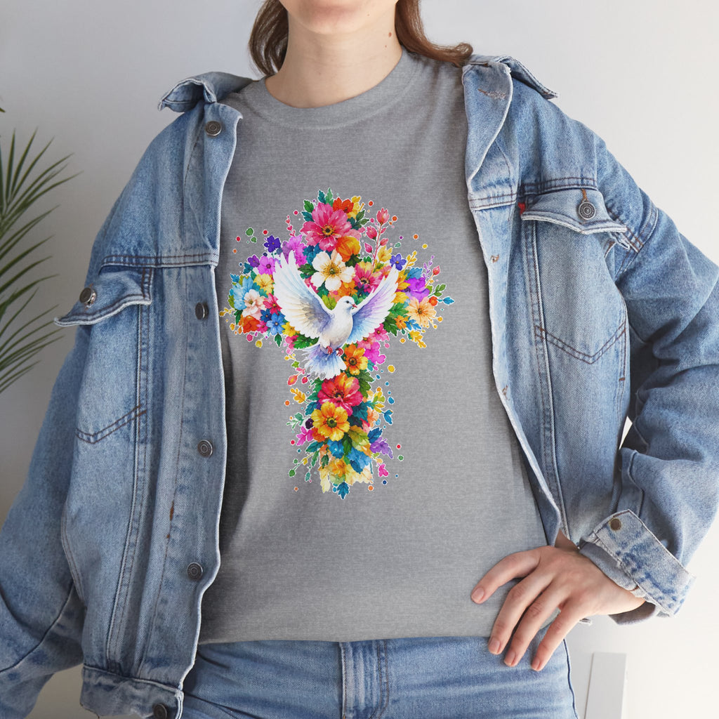 Christian Floral Cross T-Shirt | Dove Faith Shirt | Religious Graphic Tee | Holy Spirit Shirt | Easter Gift | Church Shirt