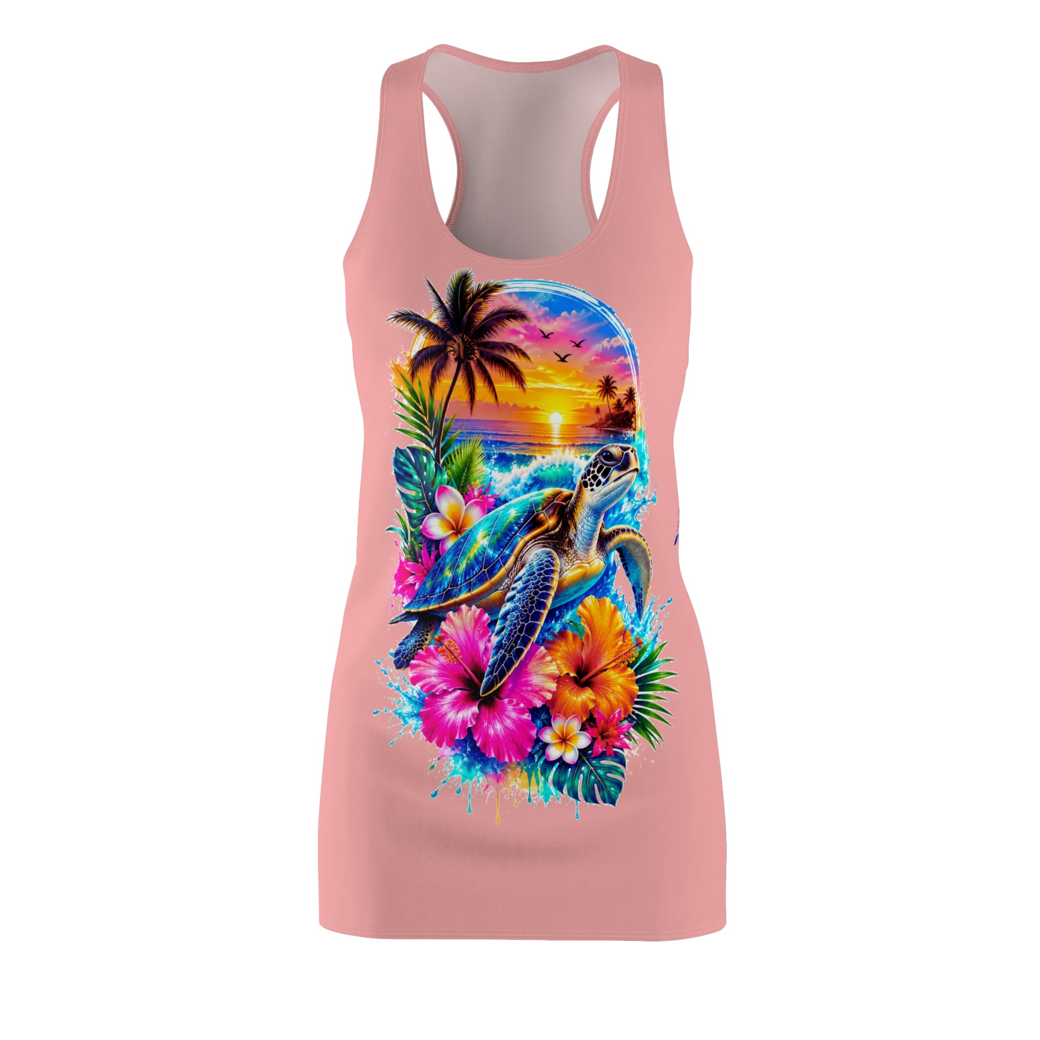 Tropical Sea Turtle Racerback Dress — Sunset Hibiscus Beach Print