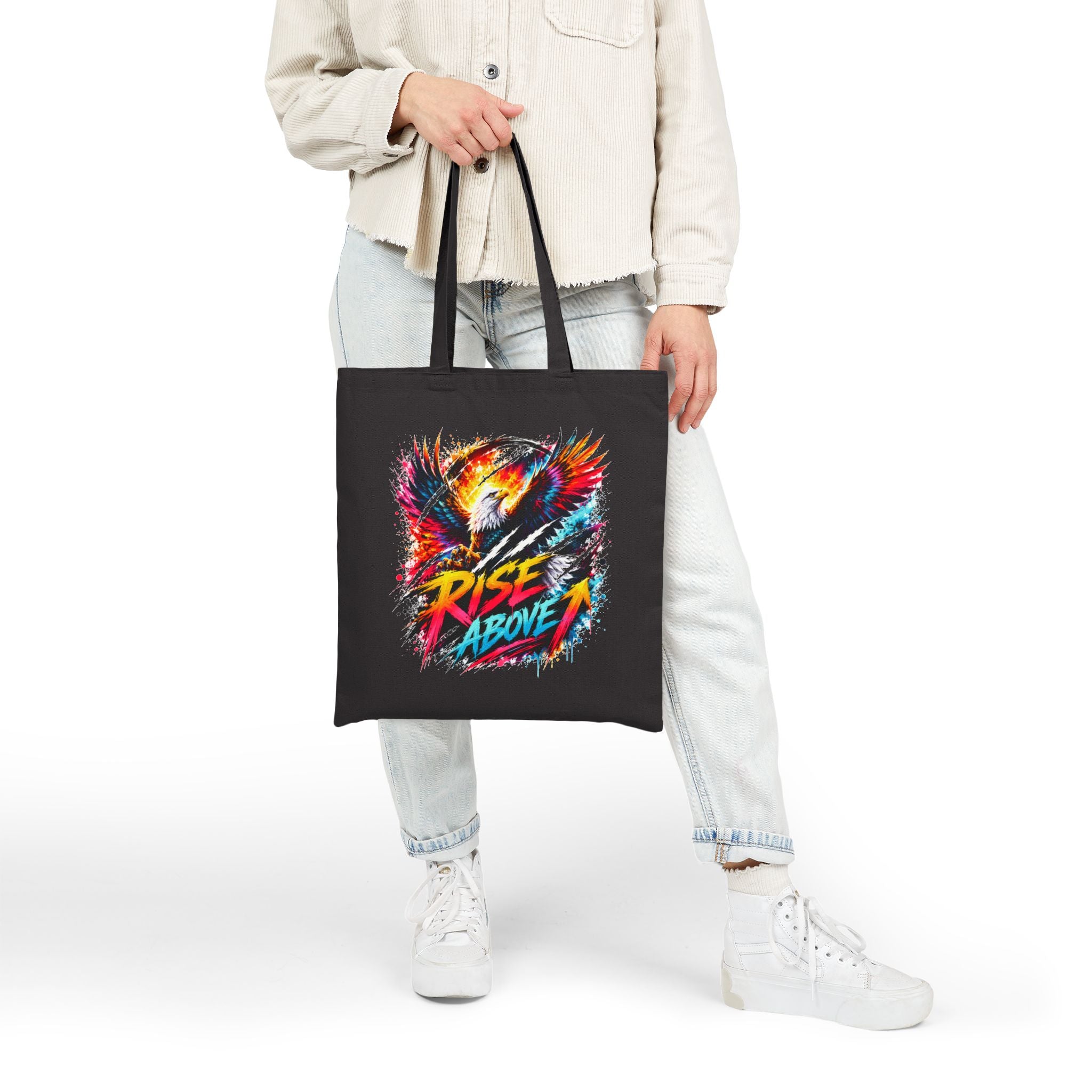 Rise Above Eagle Tote Bag | Colorful Eagle Canvas Tote | Motivational Reusable Shopping Bag | Unisex Graphic Tote | Gift for Eagle Lovers