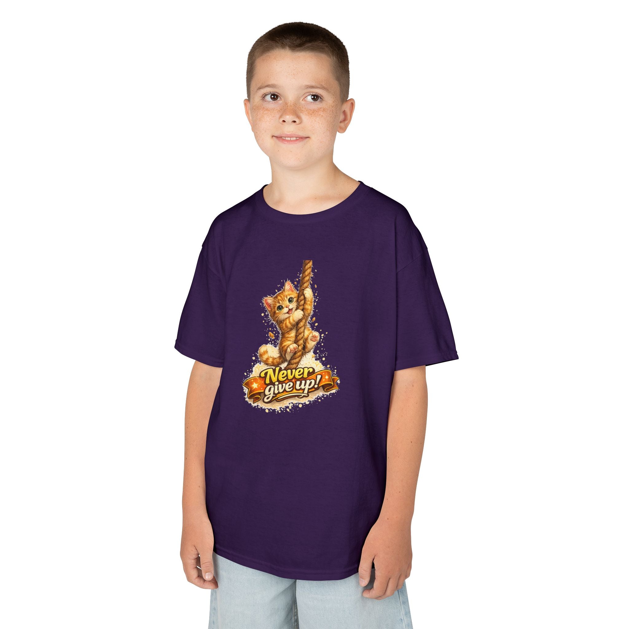 Kids Tee — Cute Climbing Kitten “Never Give Up” Inspirational Shirt