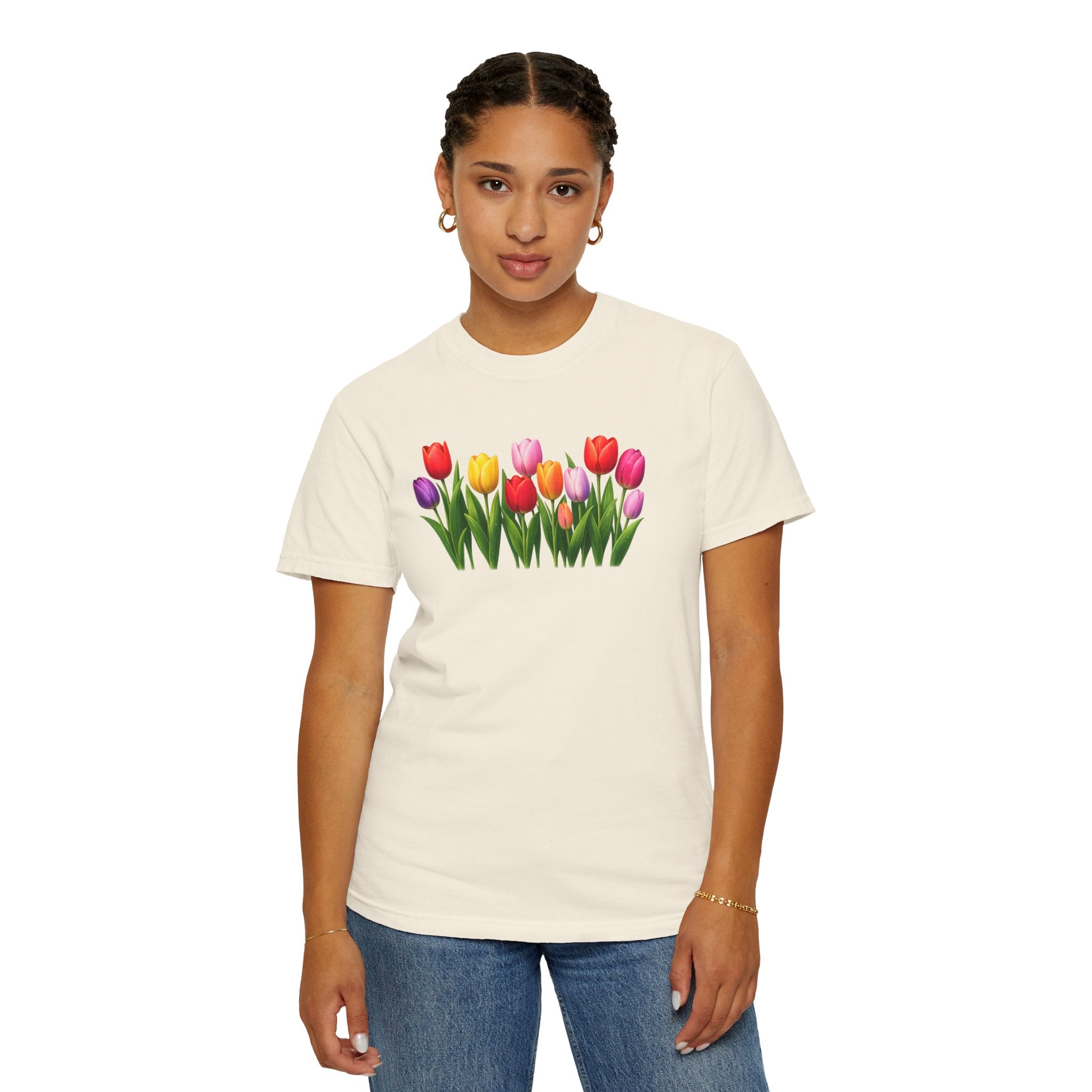 Colorful Tulip Shirt, Floral T-Shirt for Women, Botanical Graphic Tee, Spring Garden Shirt, Comfort Colors Tee