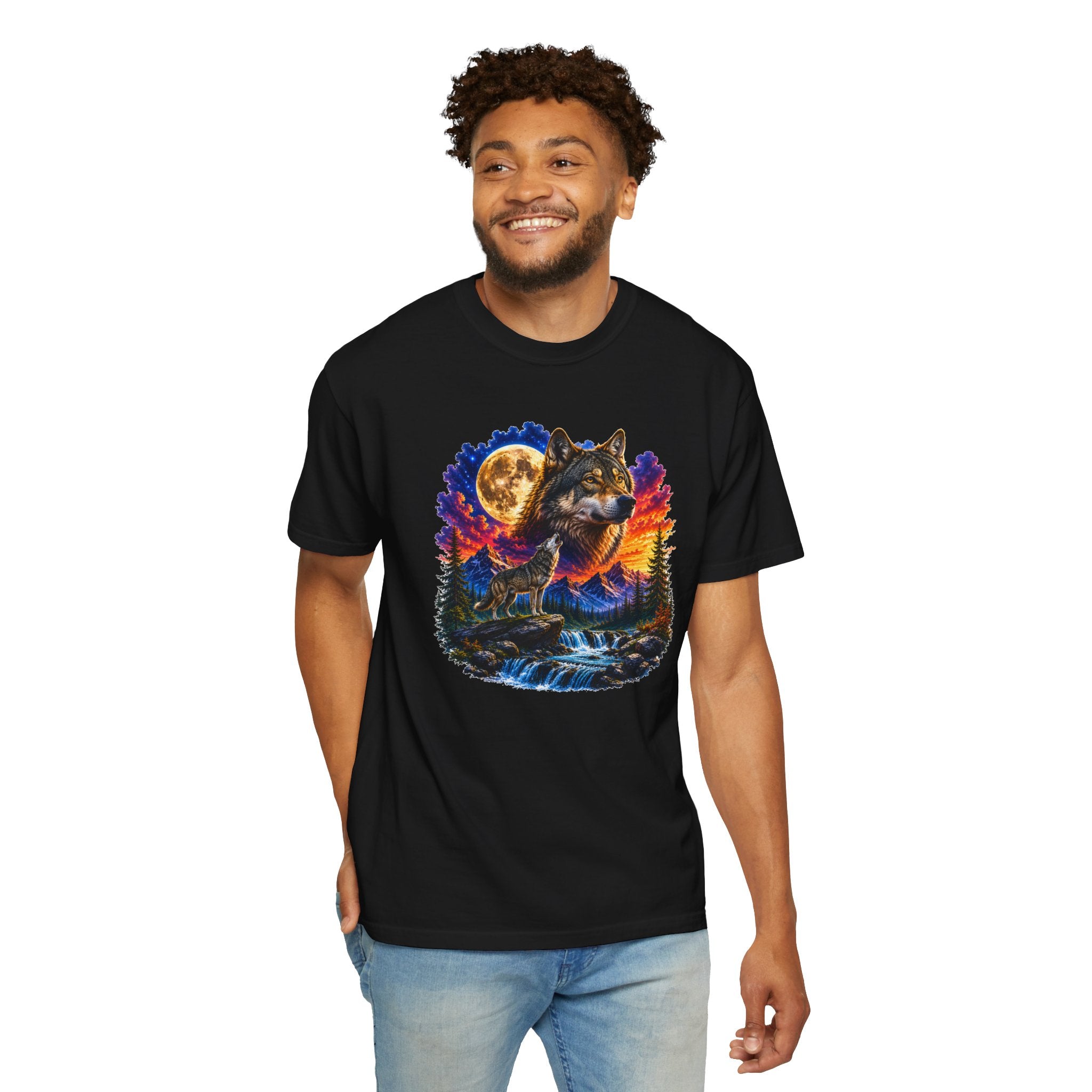 Colorful Wolf Moon T-Shirt, Nature Lover Gift, Howling Wolf Graphic Tee, Mountain Forest Shirt, Wildlife Adventure Tee