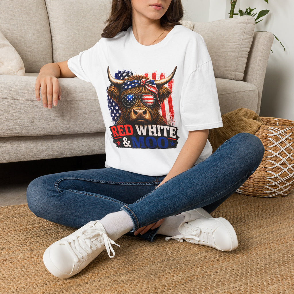 Patriotic Cow Graphic T-Shirt — "Red White & Moo" American Flag Tee