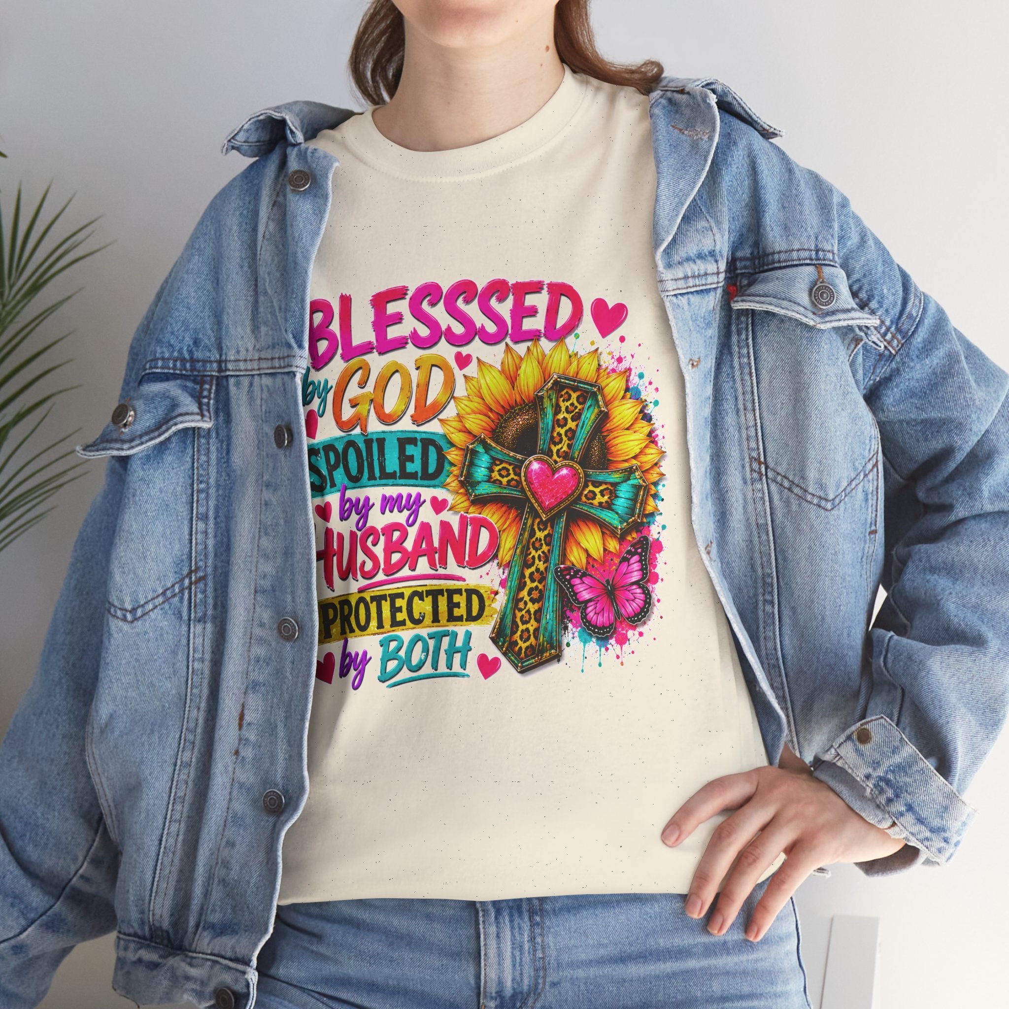 Blessed by God Spoiled by My Husband Tee — Christian Cross Floral Women's Shirt