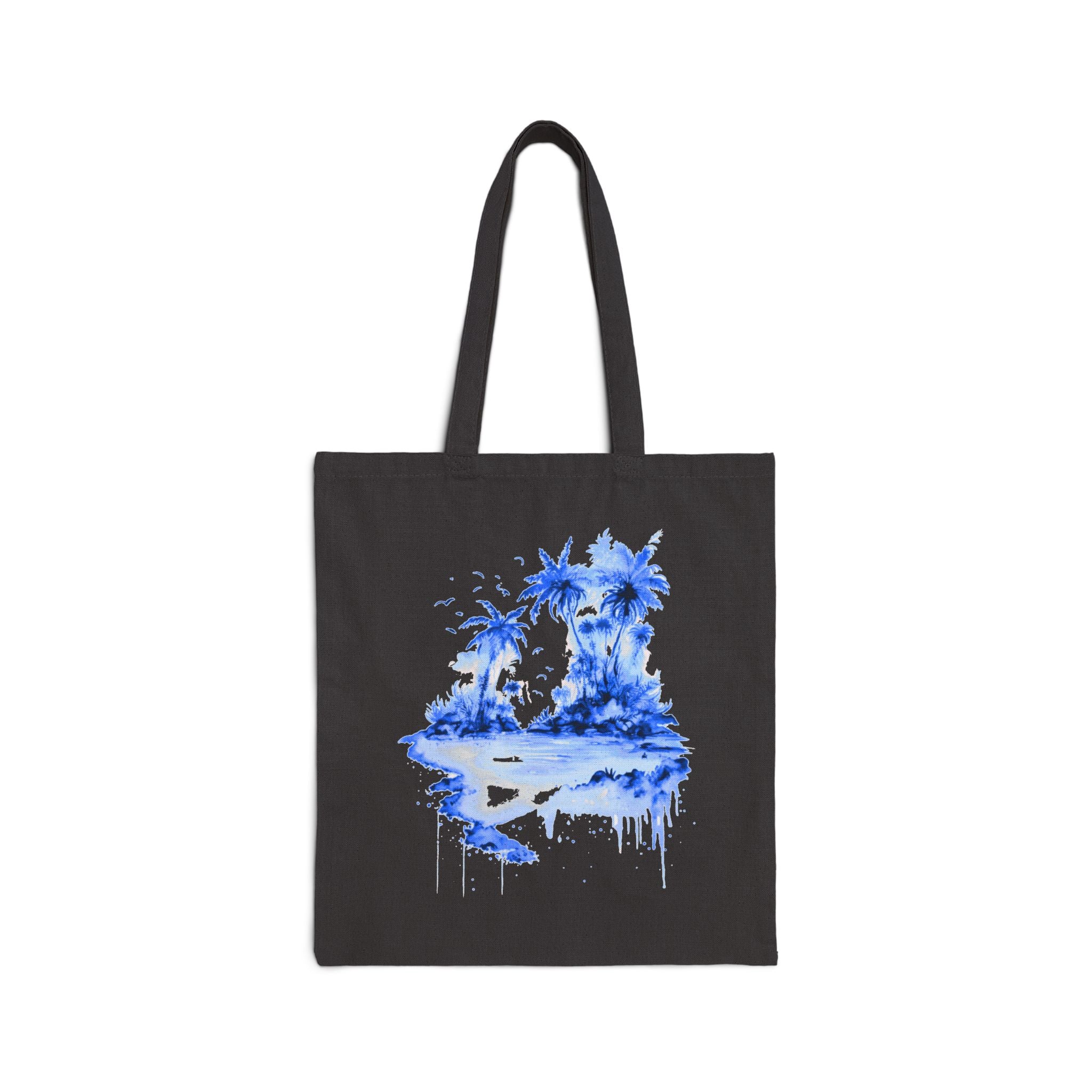 Blue Watercolor Tropical Island Tote Bag | Palm Trees Beach Canvas