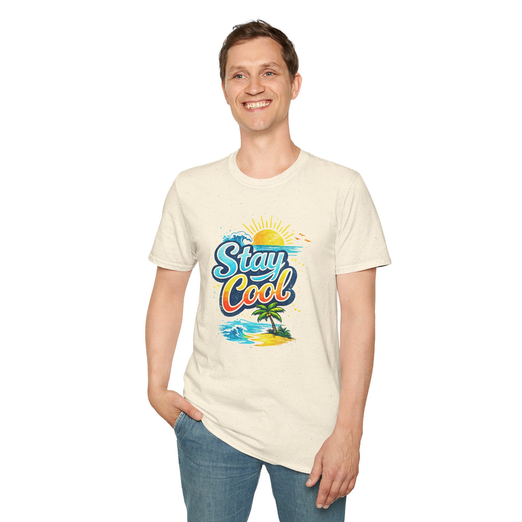 Stay Cool Beach T-Shirt — Vintage Sunset Palm Island Graphic