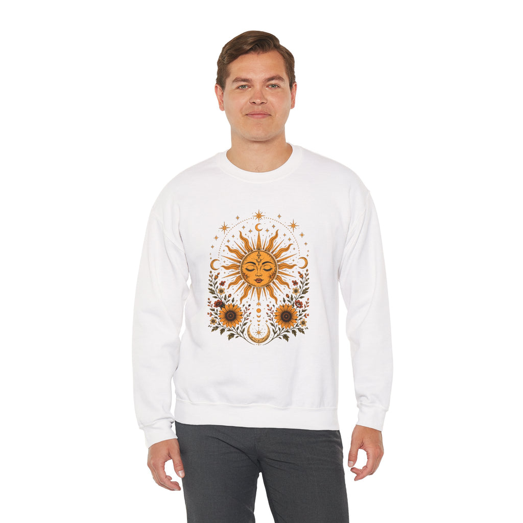 Sun & Sunflower Crewneck Sweatshirt, Boho Celestial Sweatshirt, Vintage Sun Graphic, Cozy Unisex Pullover, Gift for Her