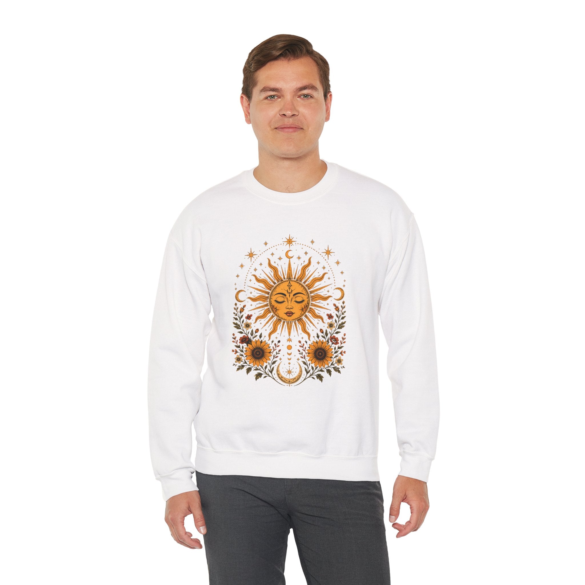 Sun & Sunflower Crewneck Sweatshirt, Boho Celestial Sweatshirt, Vintage Sun Graphic, Cozy Unisex Pullover, Gift for Her
