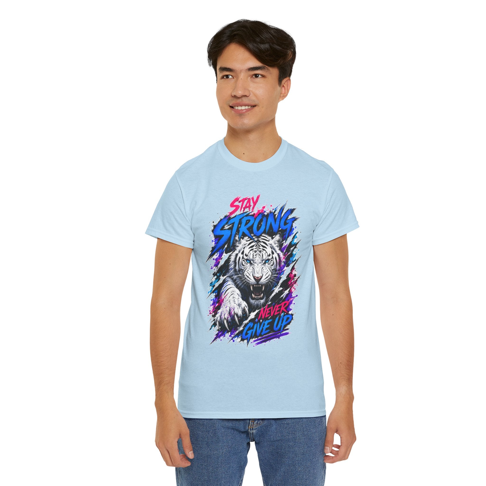 Stay Strong Never Give Up Tiger T-Shirt | White Tiger Graphic Tee | Motivational Unisex Shirt | Inspirational Animal Tee | Gift for Tiger Lovers