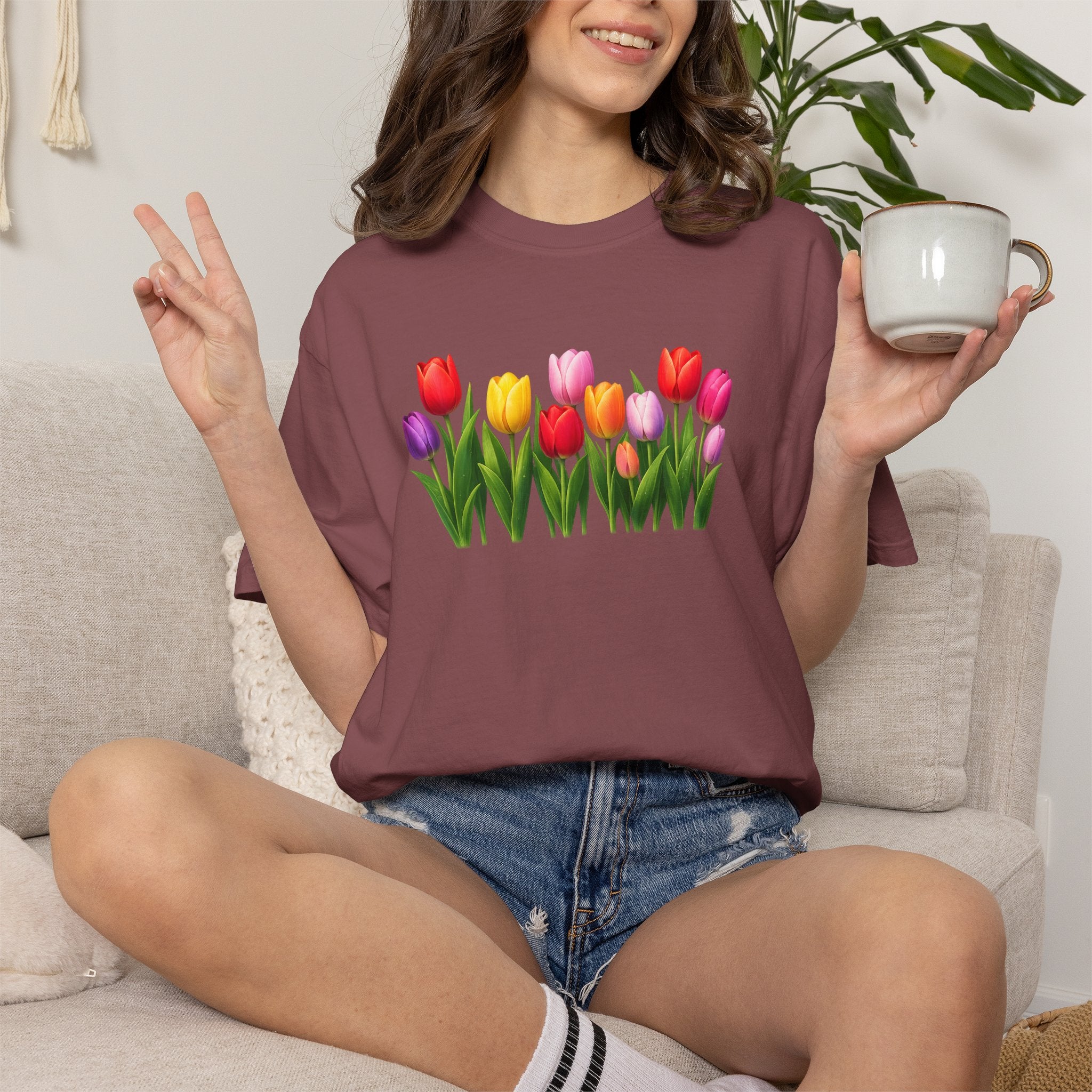 Colorful Tulip Shirt, Floral T-Shirt for Women, Botanical Graphic Tee, Spring Garden Shirt, Comfort Colors Tee