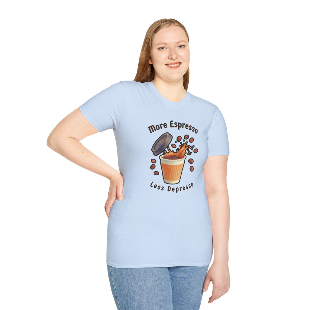 More Espresso Less Depresso Shirt, Funny Coffee T-Shirt, Cute Barista Gift, Coffee Lover Tee
