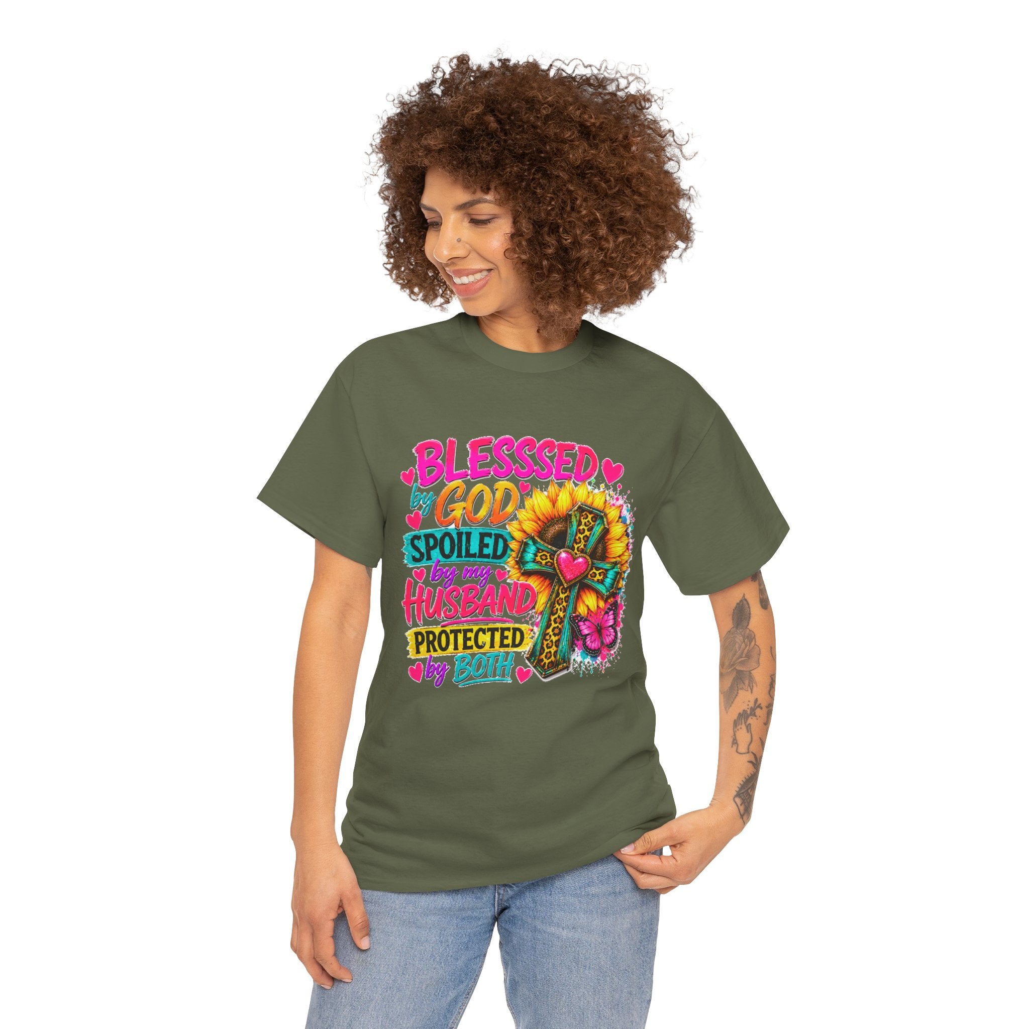 Blessed by God Spoiled by My Husband Tee — Christian Cross Floral Women's Shirt