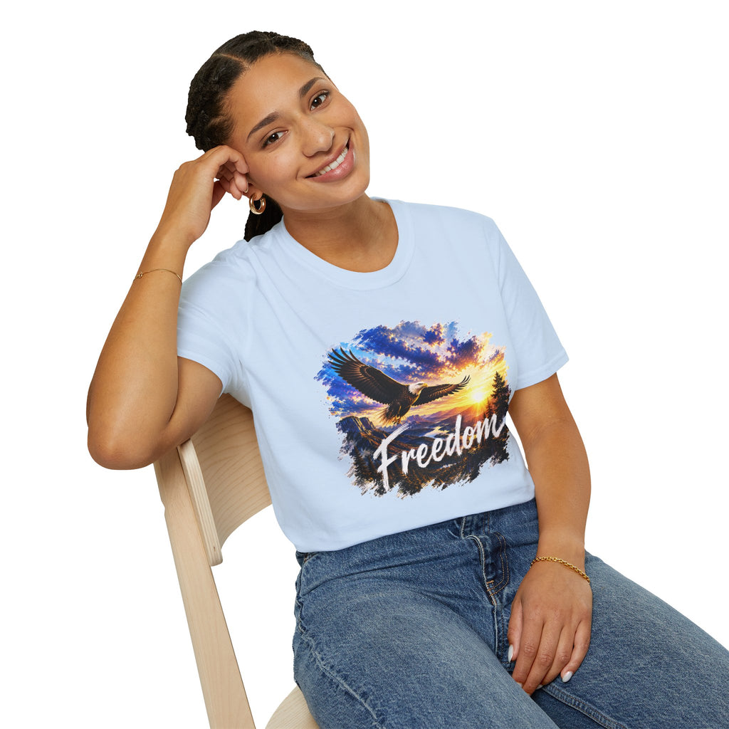 Freedom Eagle T-Shirt, Soaring Eagle Graphic Tee, Sunset Wildlife Shirt, Nature Lover Gift, Unisex Outdoor Tee