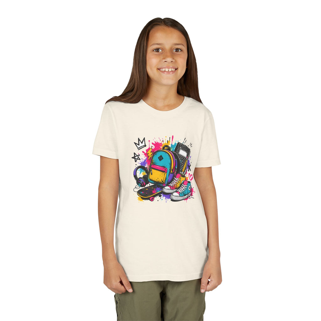 Youth Tee — Colorful Back-to-School Backpack Skateboard Graphic