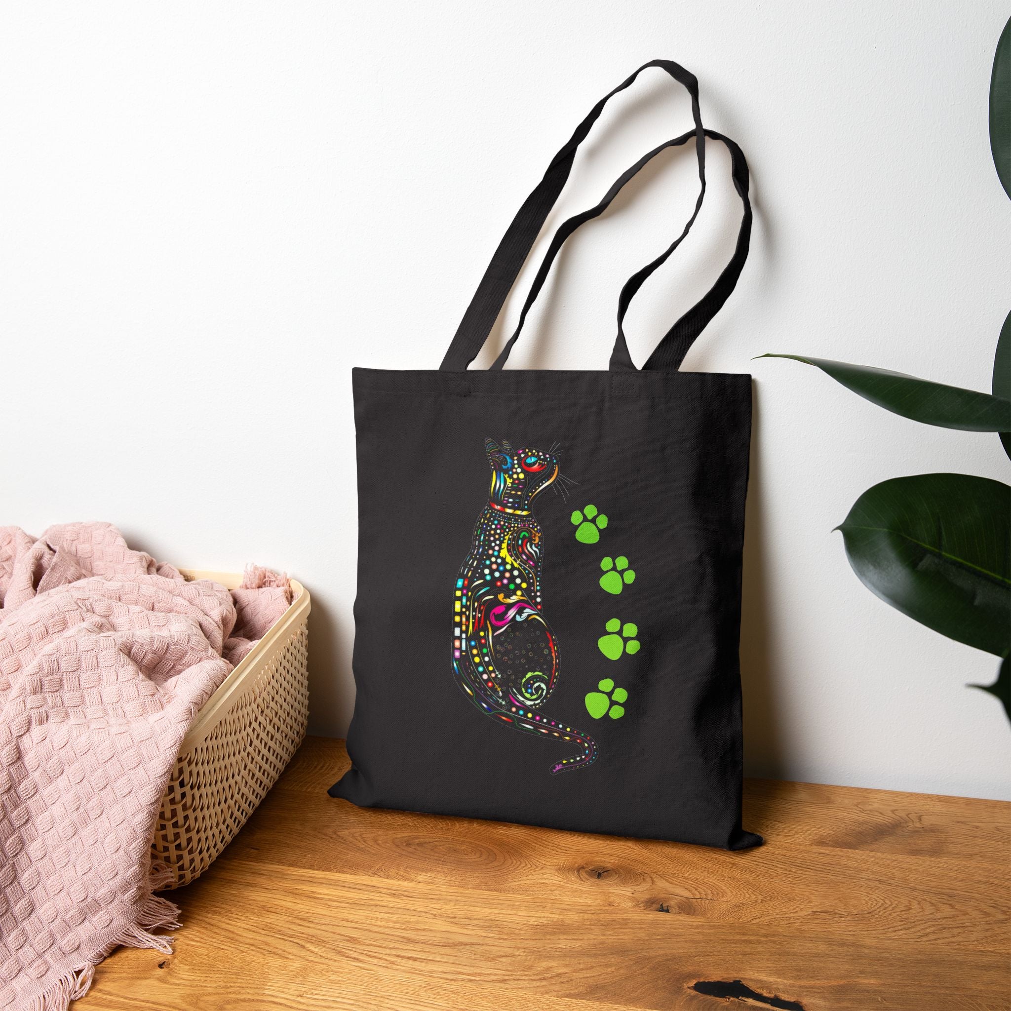 Aesthetic Cat Tote Bag with Paw Prints, Colorful Cat Design, Cute Gift Idea