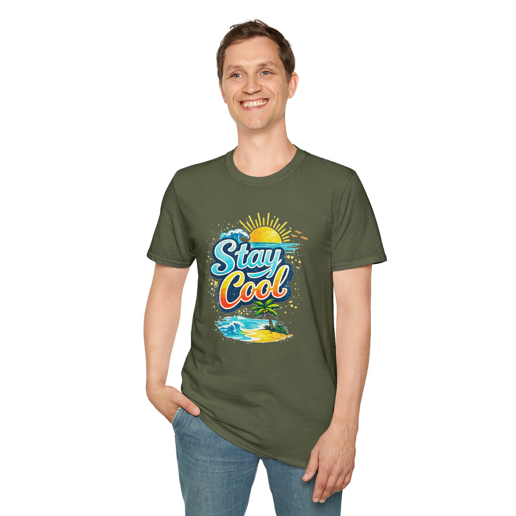 Stay Cool Beach T-Shirt — Vintage Sunset Palm Island Graphic