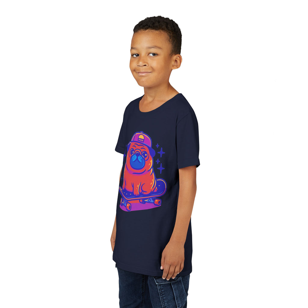 Cute Skateboarding Pug Kids T-Shirt | Funny Dog Graphic Tee for Boys & Girls | Youth Streetwear Shirt