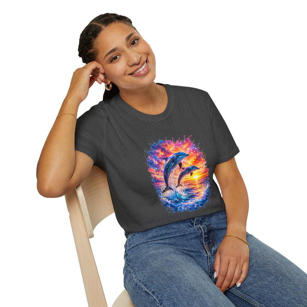 Dolphin Sunset TShirt  Vibrant Ocean Jump Graphic Tee