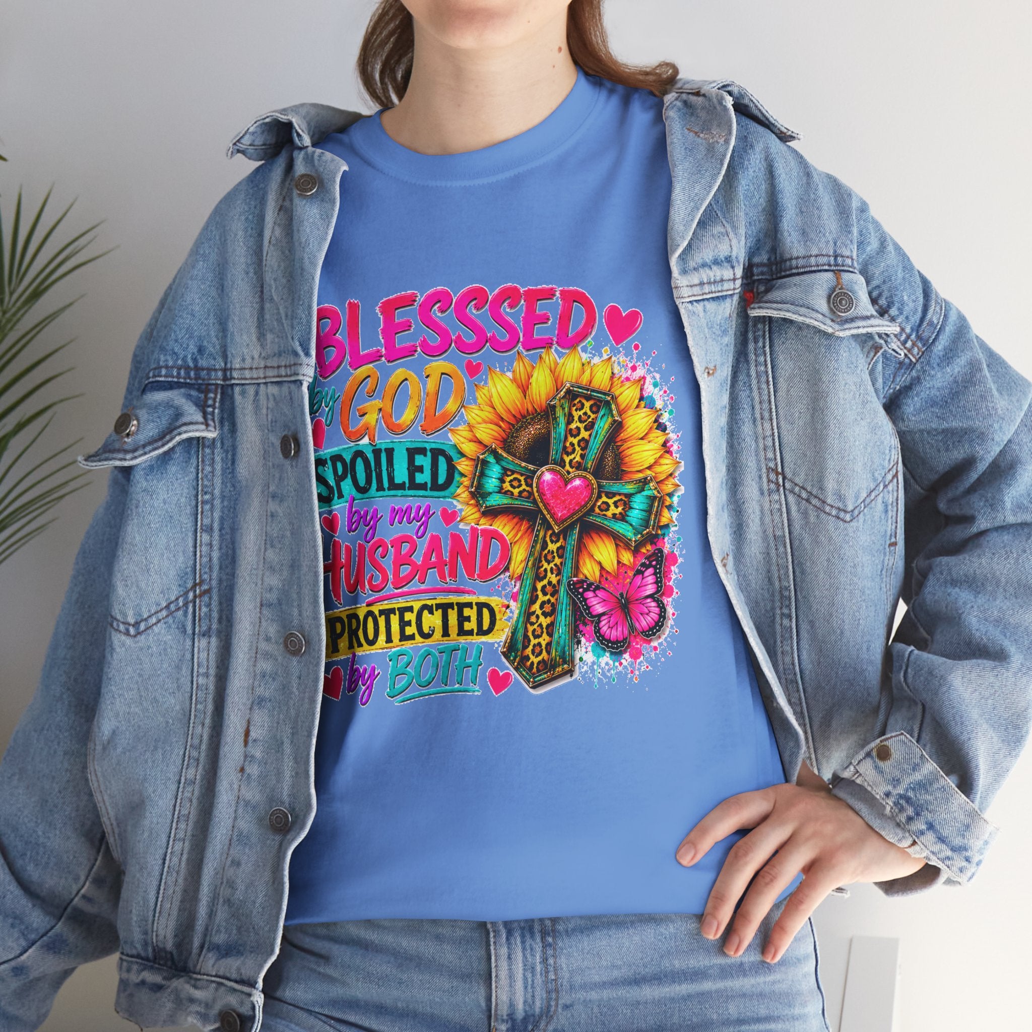Blessed by God Spoiled by My Husband Tee — Christian Cross Floral Women's Shirt