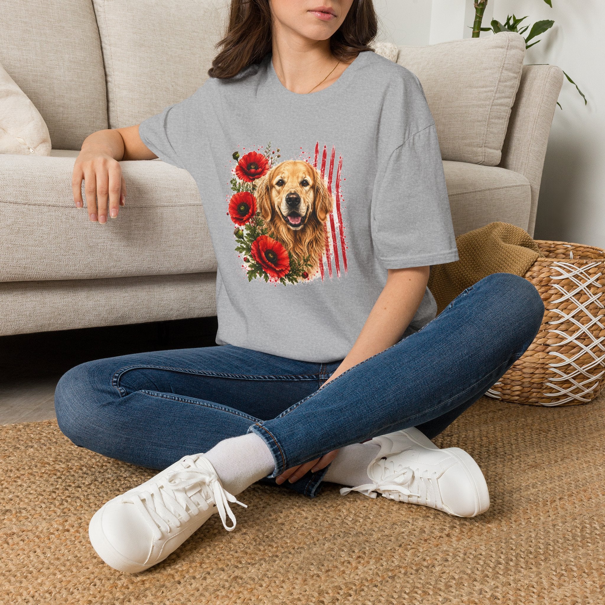 Golden Retriever Poppy T-Shirt | Patriotic Dog Lover Shirt | Golden Retriever Mom Gift | Floral Dog Graphic Tee | Unisex USA Shirt