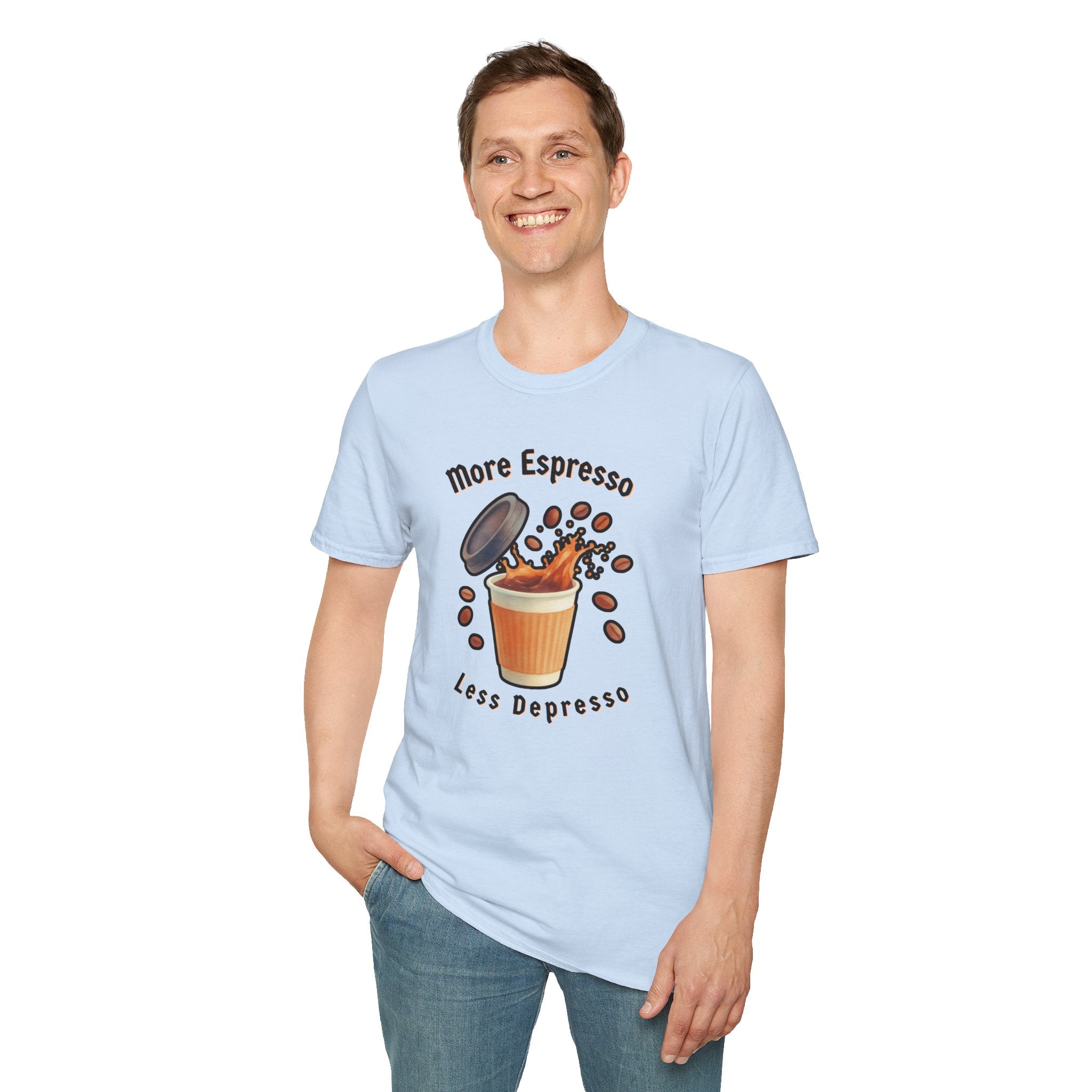 More Espresso Less Depresso Shirt, Funny Coffee T-Shirt, Cute Barista Gift, Coffee Lover Tee