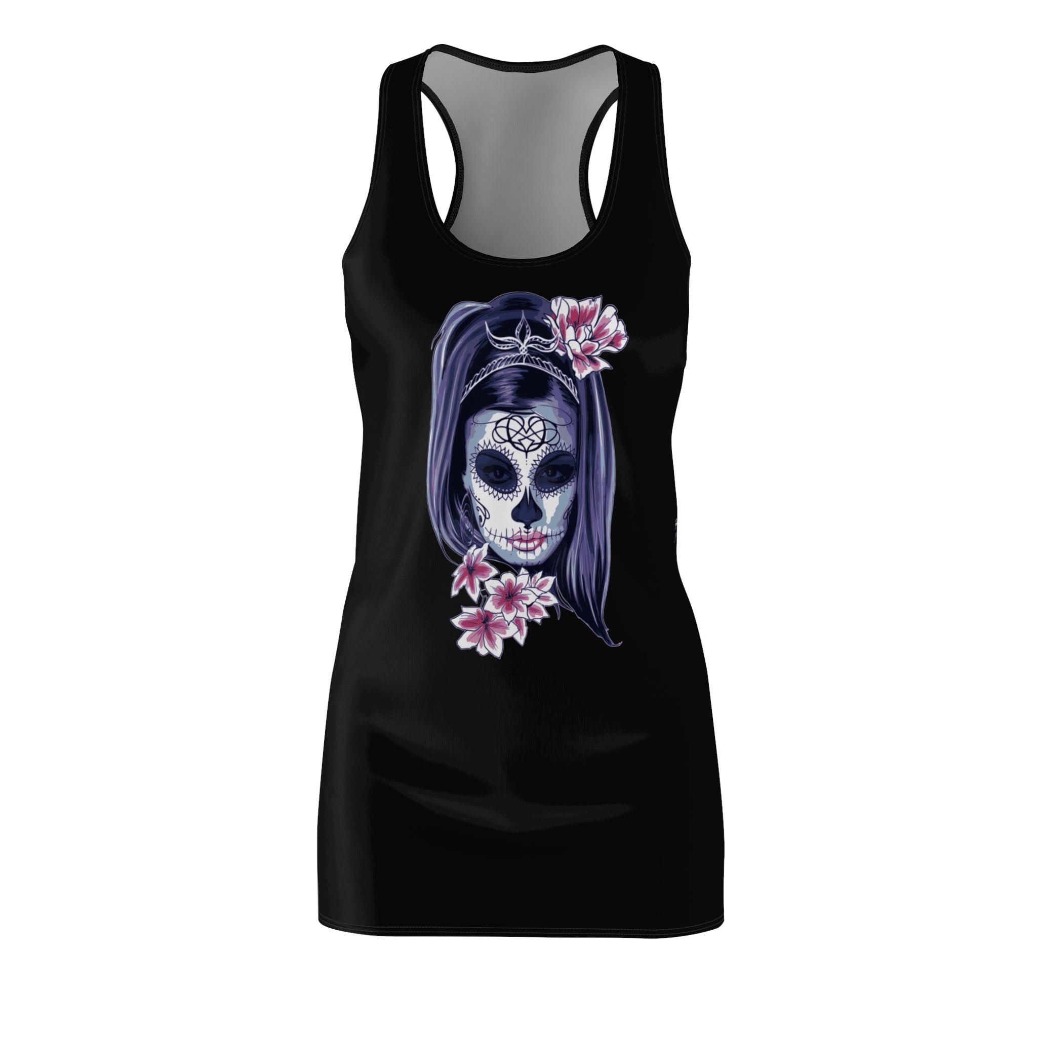 Sugar Skull Woman Dress, Day of the Dead Graphic Dress, Gothic Floral Racerback Dress, Aesthetic Mini Dress