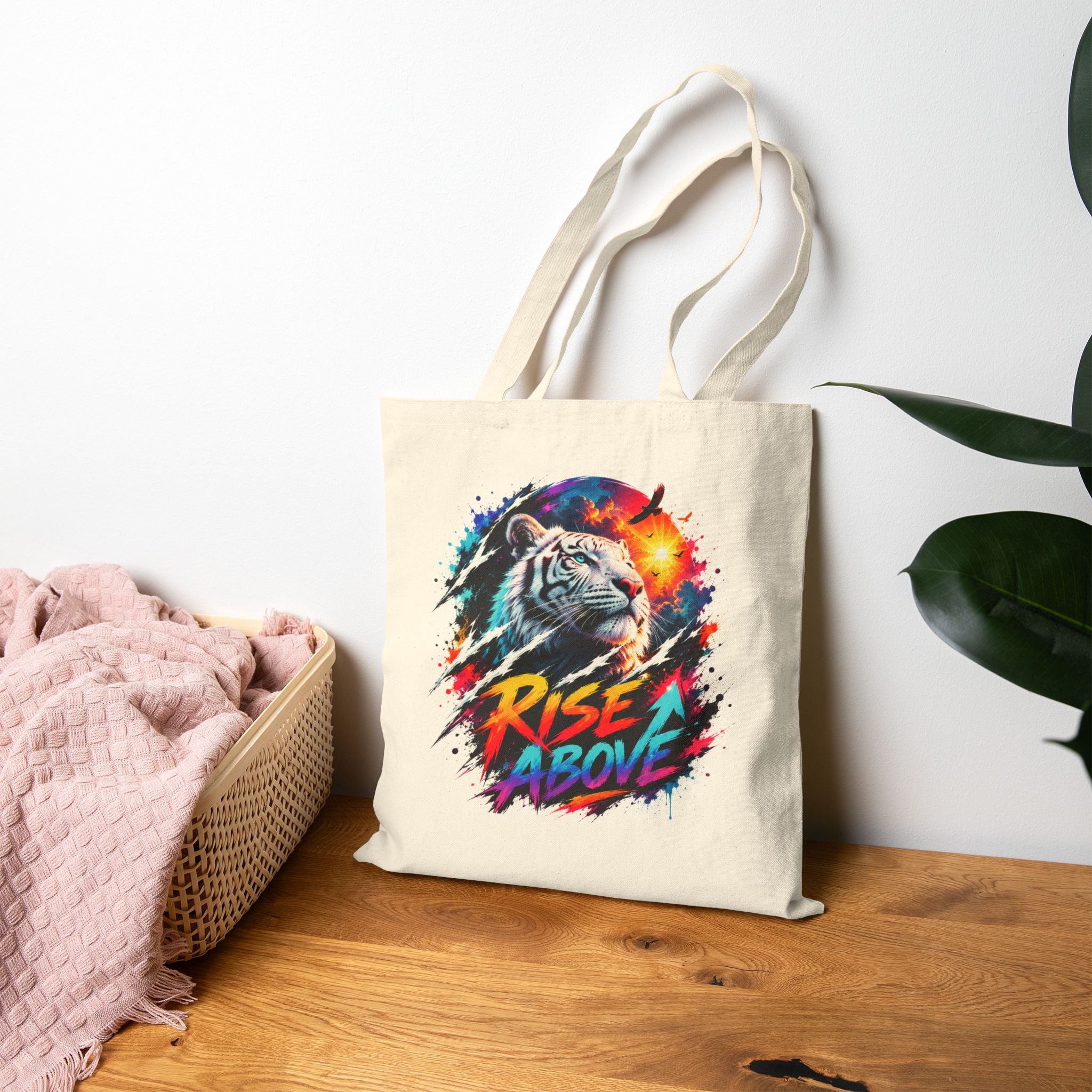 Rise Above Tiger Tote Bag | Colorful White Tiger Canvas Bag | Motivational Tote | Neon Animal Art | Reusable Shopping Bag | Gift for Tiger Lovers
