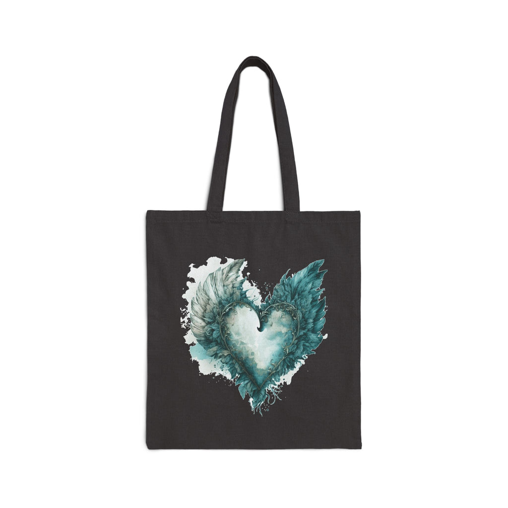 Cute Canvas Tote Bag with Teal Watercolor Angel Wings Heart Design