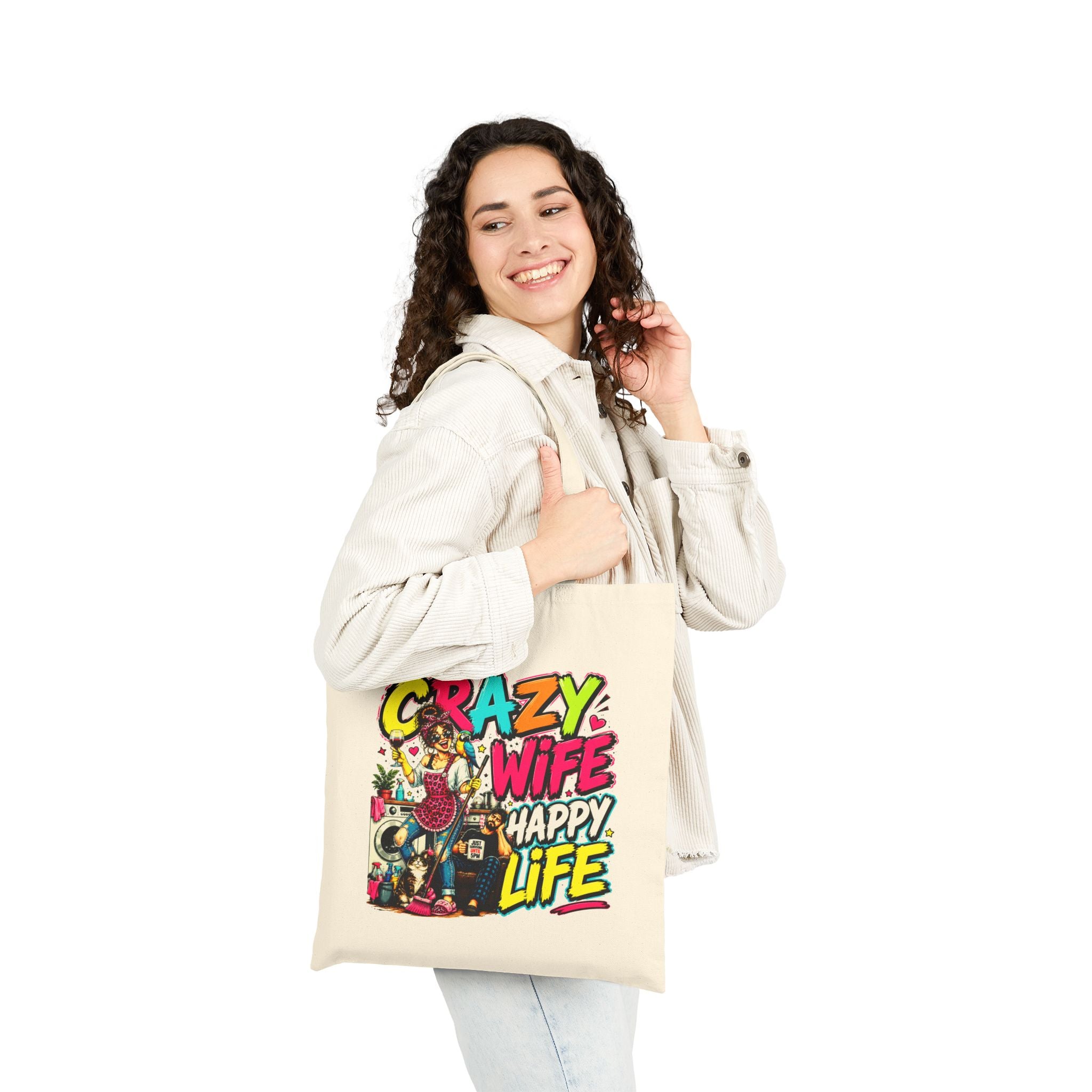 Crazy Wife Happy Life Tote Bag, Funny Wife Gift, Funny Marriage Canvas Bag, Wife Humor Gift, Anniversary Gift, Reusable Shopping Tote