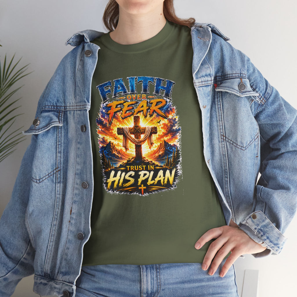 Faith Over Fear Christian T-Shirt | Trust in His Plan Cross Graphic Tee | Religious Unisex Shirt | Christian Gift