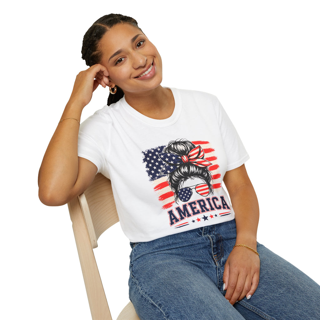 T-Shirt — Messy Bun American Flag Design (Patriotic Hair Band & Sunglasses)