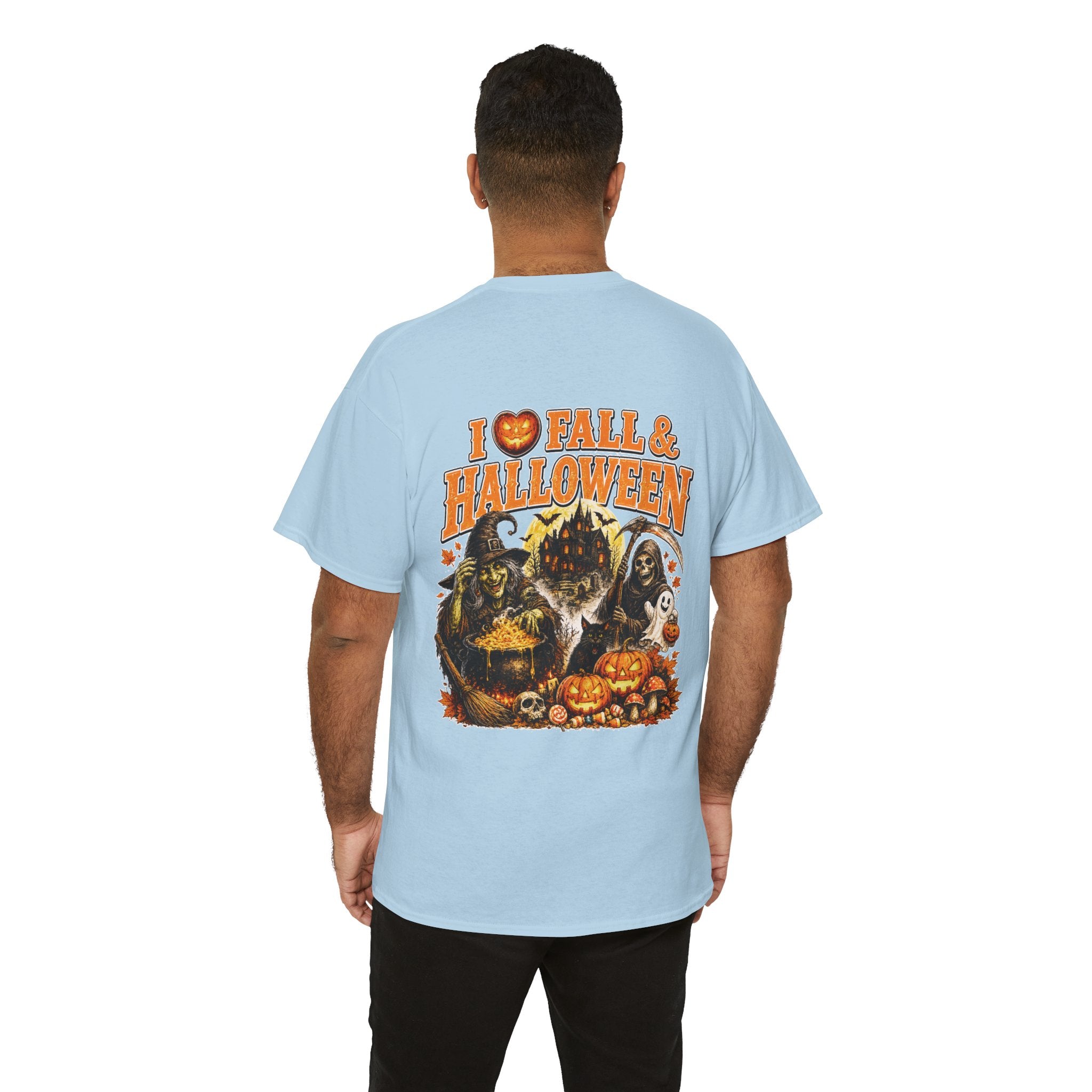 Halloween Fall Graphic Tee — "I  Fall & Halloween" Vintage Pumpkin & Spooky Characters Shirt