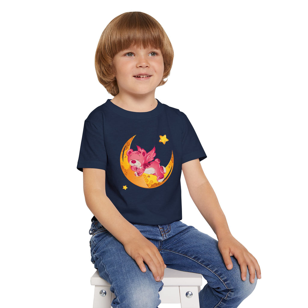Cute Sleeping Pink Baby Dragon on Moon Toddler T-Shirt | Nursery Kids Tee | Soft Cotton Toddler Shirt