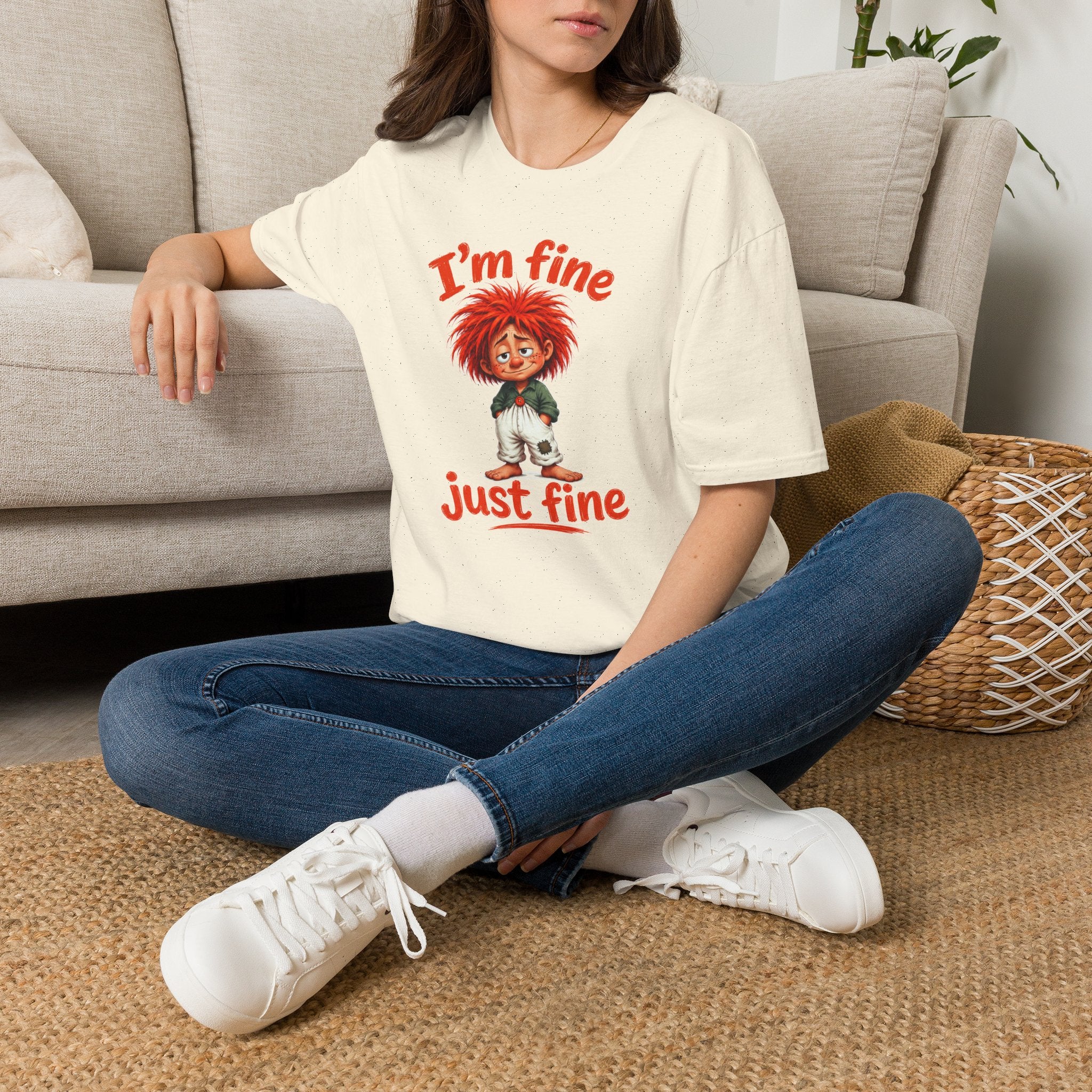 I'm Fine T‑Shirt — Cute Red‑Haired Character Tee ("I'm fine, just fine")
