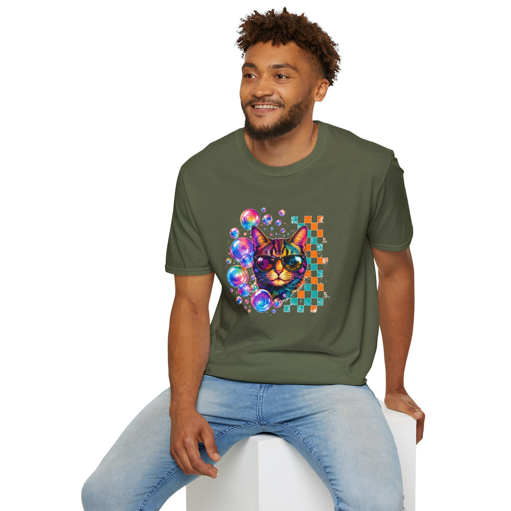 Colorful Cat Sunglasses T-Shirt, Retro Pop Art Cat Tee, Fun Graphic Shirt