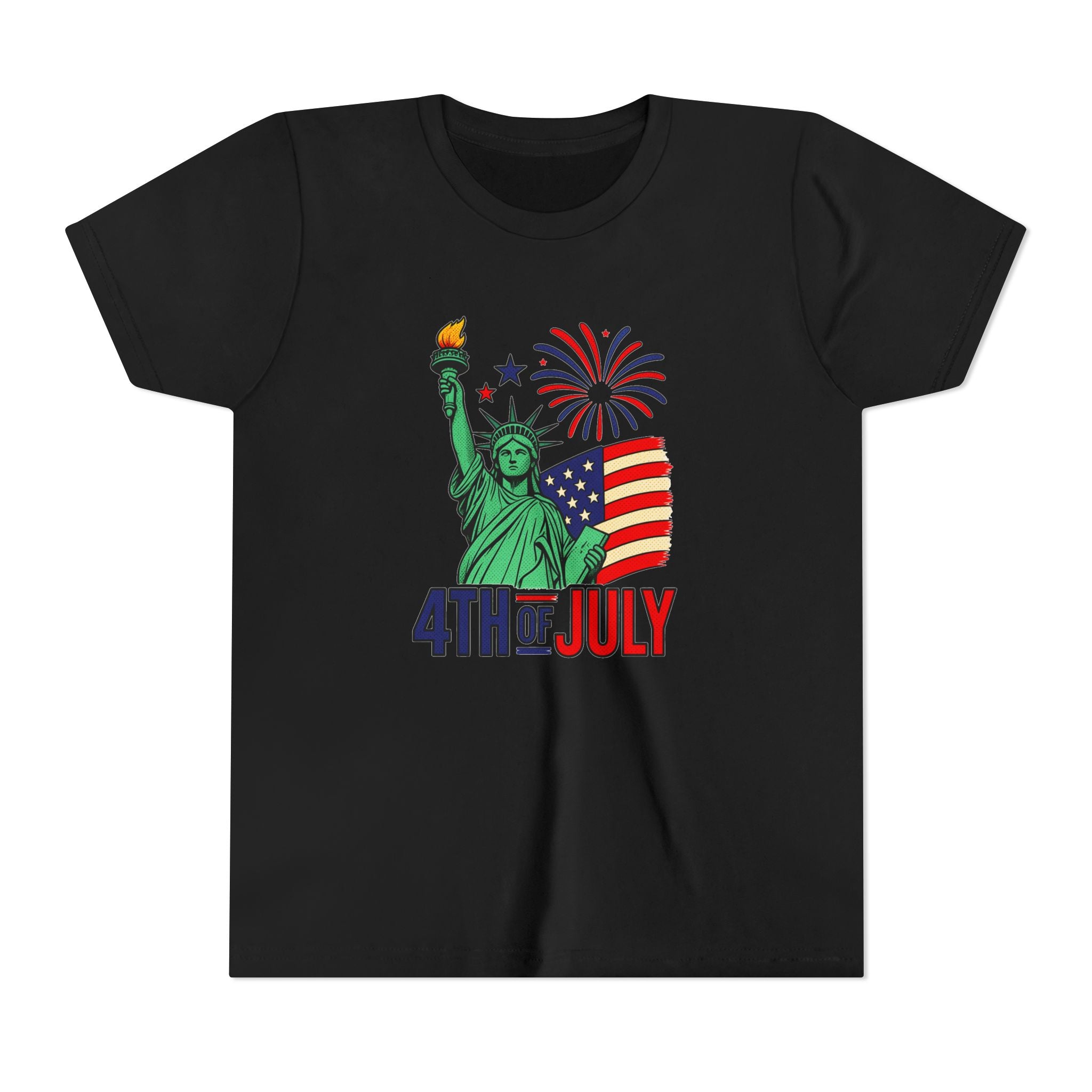Kids 4th of July T-Shirt – Statue of Liberty, Flag & Fireworks Youth Tee
